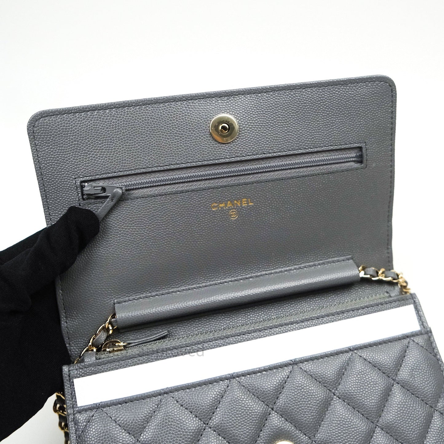 Chanel Quilted Wallet on Chain WOC Grey Caviar Gold Hardware