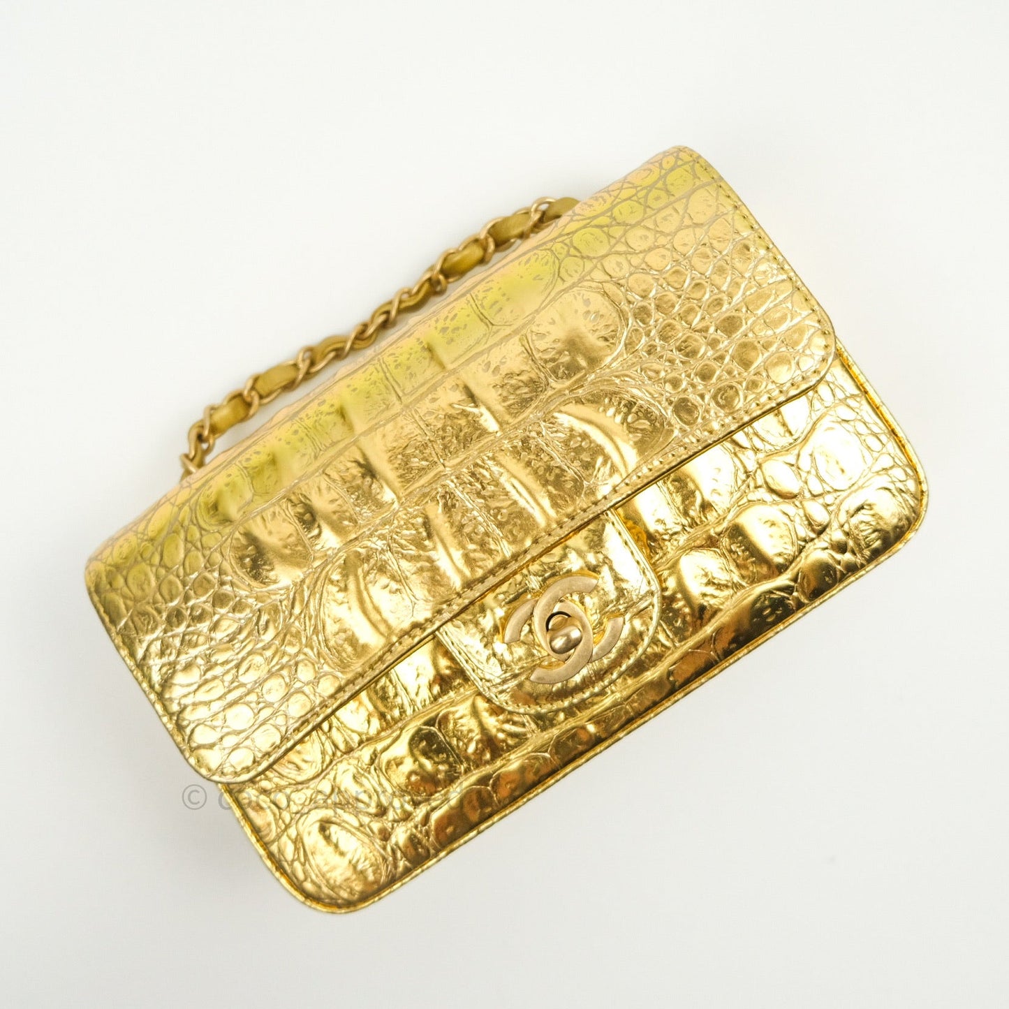 Chanel Gold Metallic Calfskin Crocodile Embossed Rectangular Mini Flap