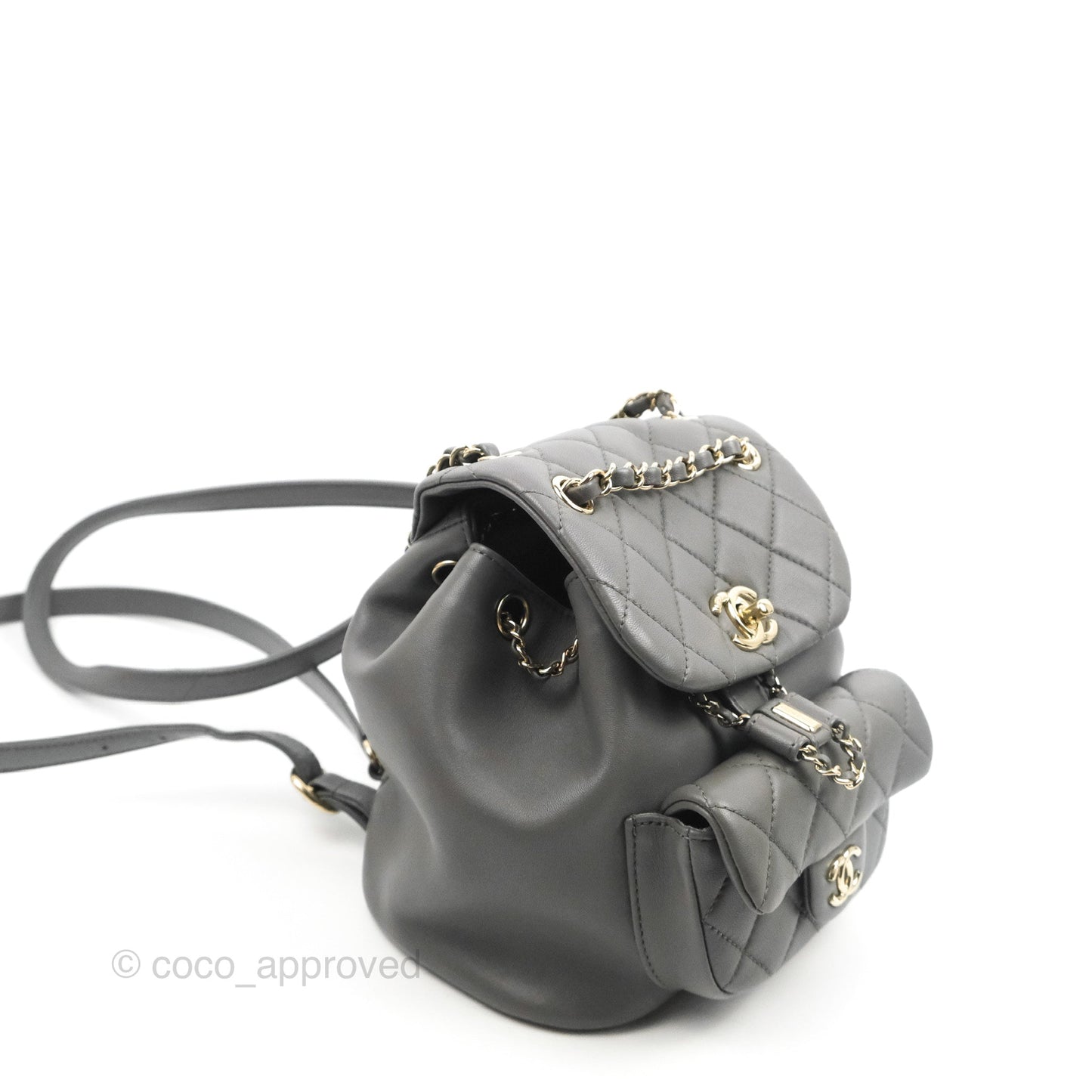Chanel Quilted Small Duma Drawstring Backpack Grey Lambskin Gold Hardware 22A