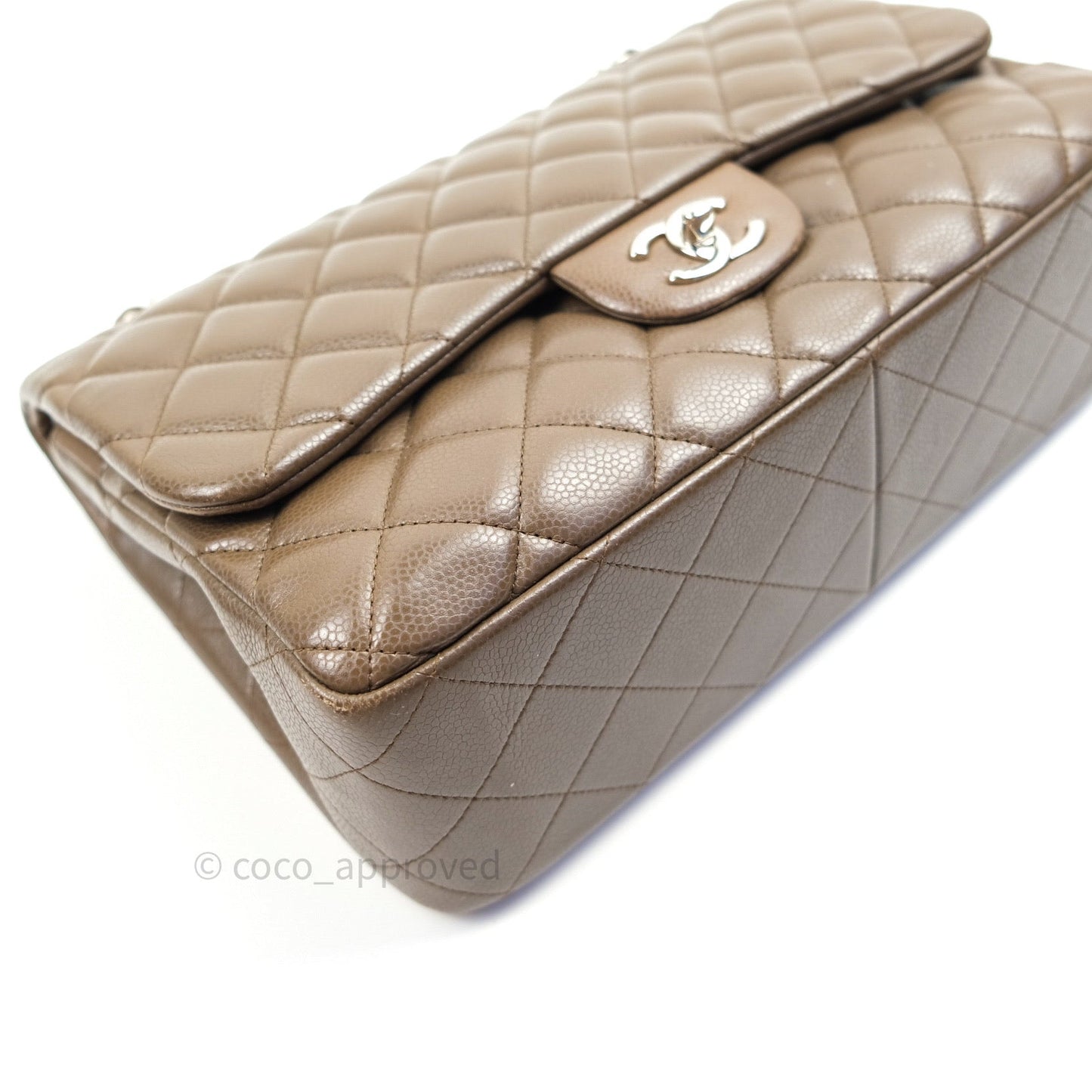 Chanel Classic Double Flap Quilted Jumbo Double Flap Khaki Caviar Silver Hardware