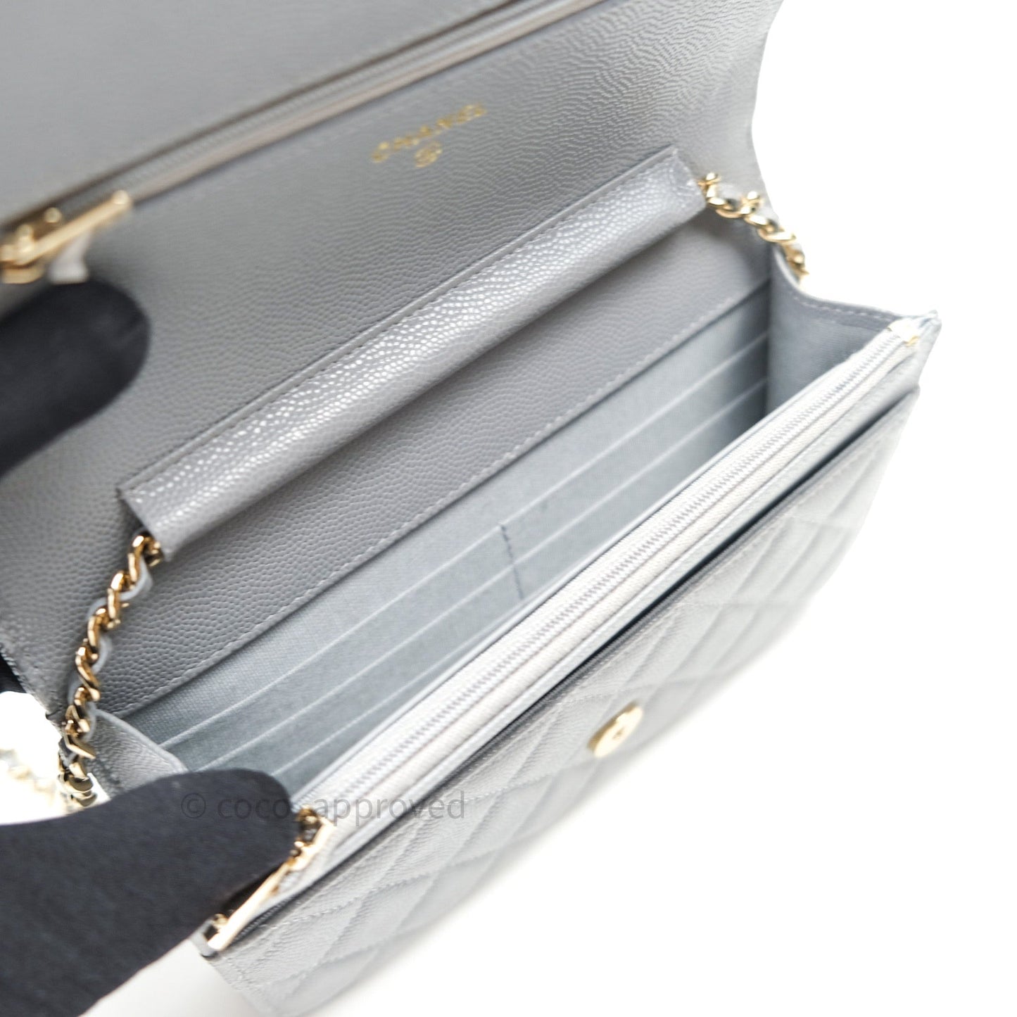 Chanel Caviar Quilted Wallet on Chain WOC Grey Light Gold Hardware 20C