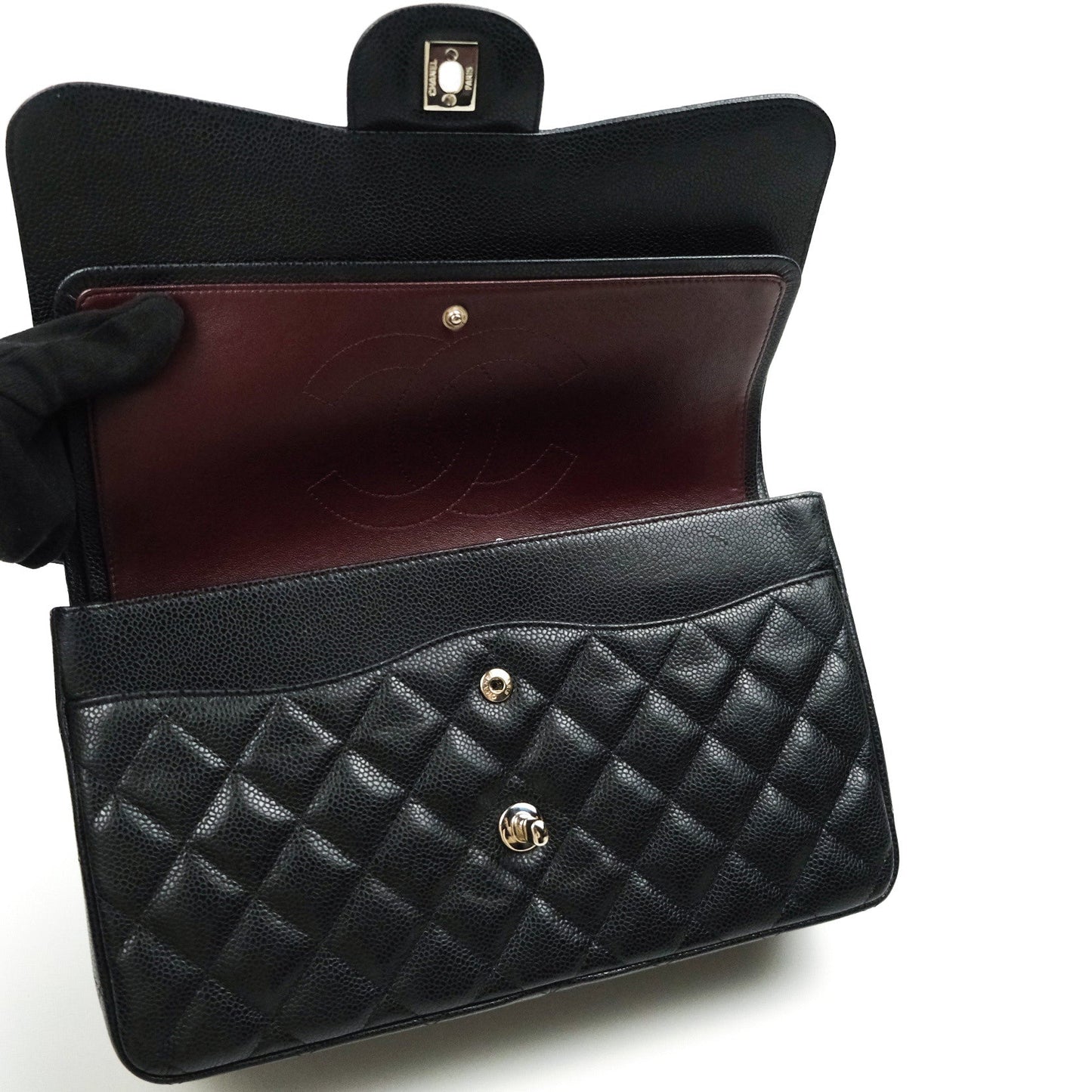 Chanel Classic Jumbo Double Flap Black Quilted Caviar Silver Hardware⁣⁣