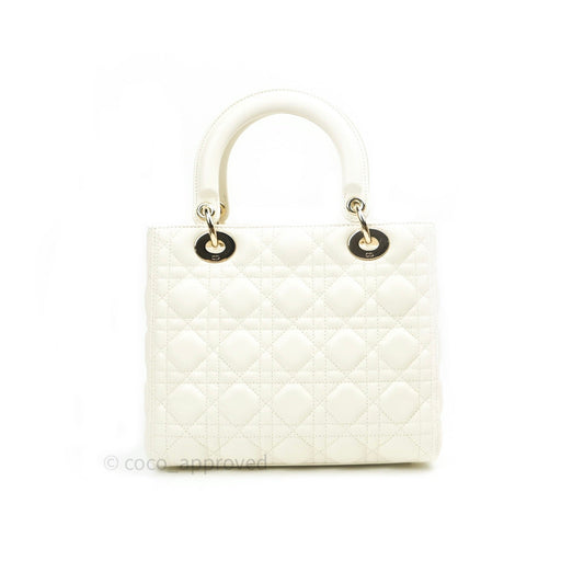 Christian Dior Lambskin Medium Lady Dior Ivory White Gold Hardware
