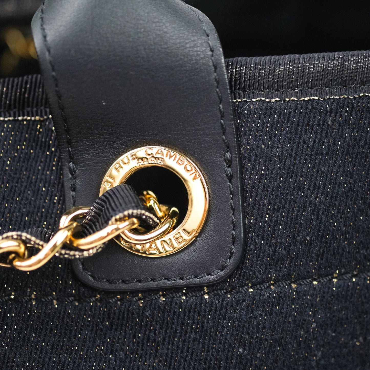 Chanel Large Deauville Navy Glitter Canvas Gold Hardware