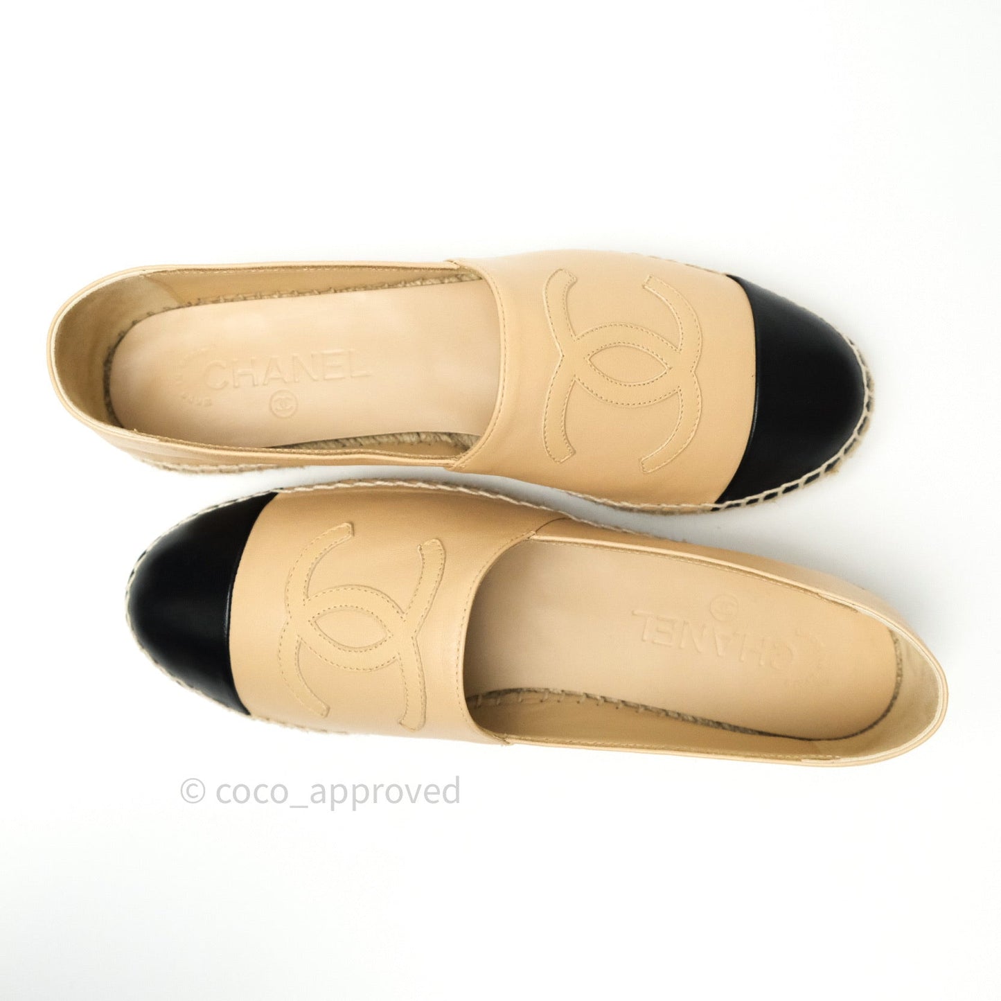 Chanel Espadrille Black Beige Leather Size 39