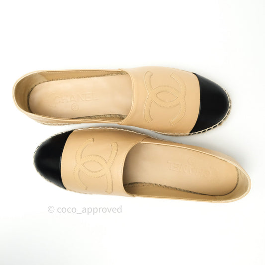Chanel Espadrille Black Beige Leather Size 39