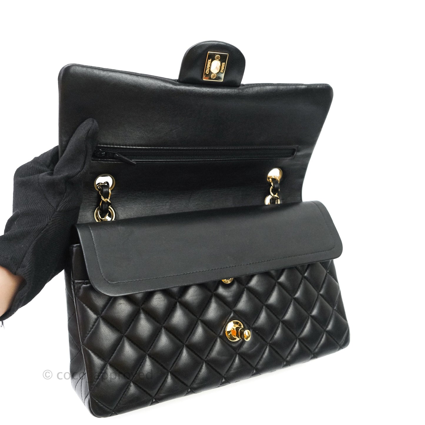 Chanel Classic M/L Medium Double Flap Bag Black Lambskin Gold Hardware