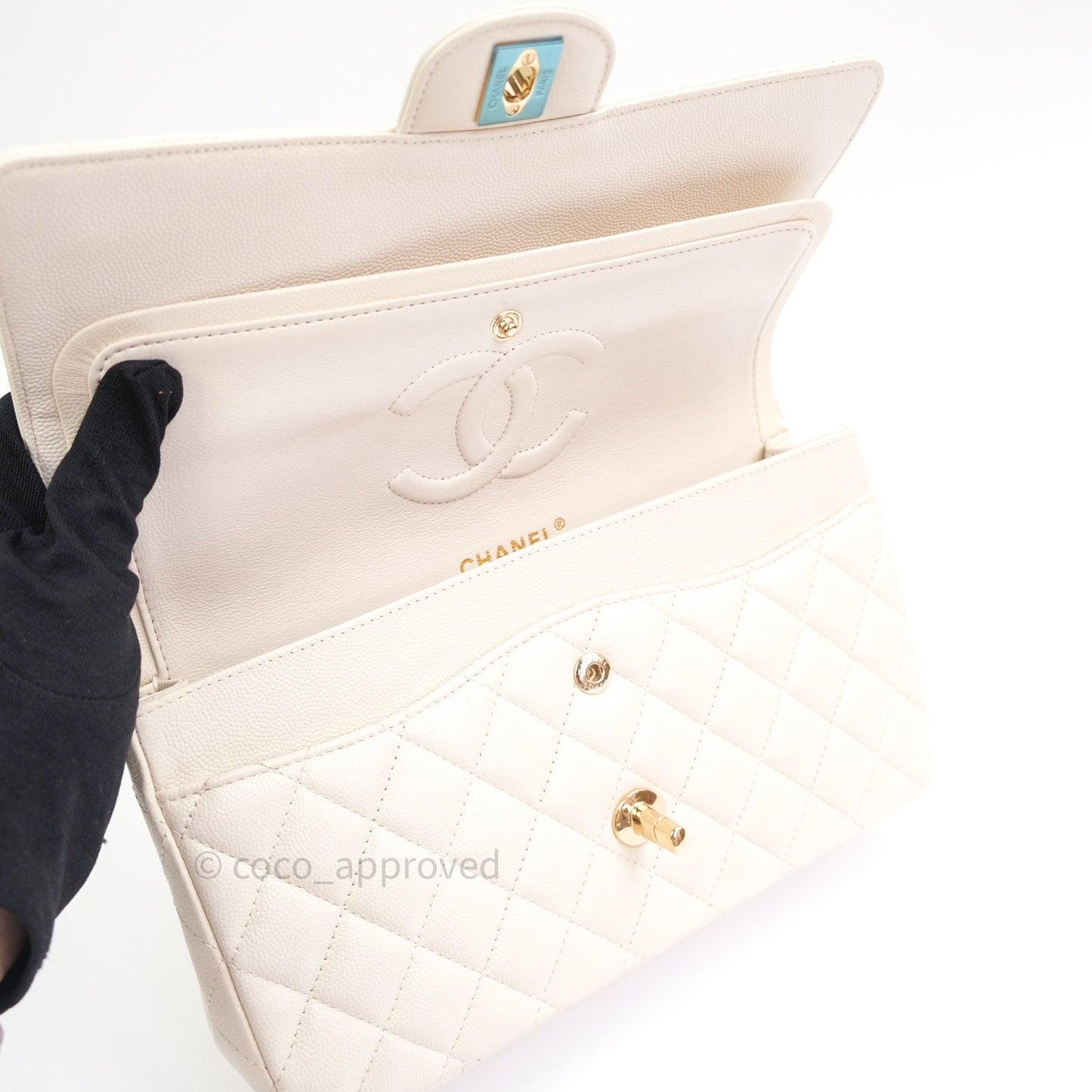 Chanel Classic Double Flap Quilted M/L Ivory Caviar Gold Hardware 17C