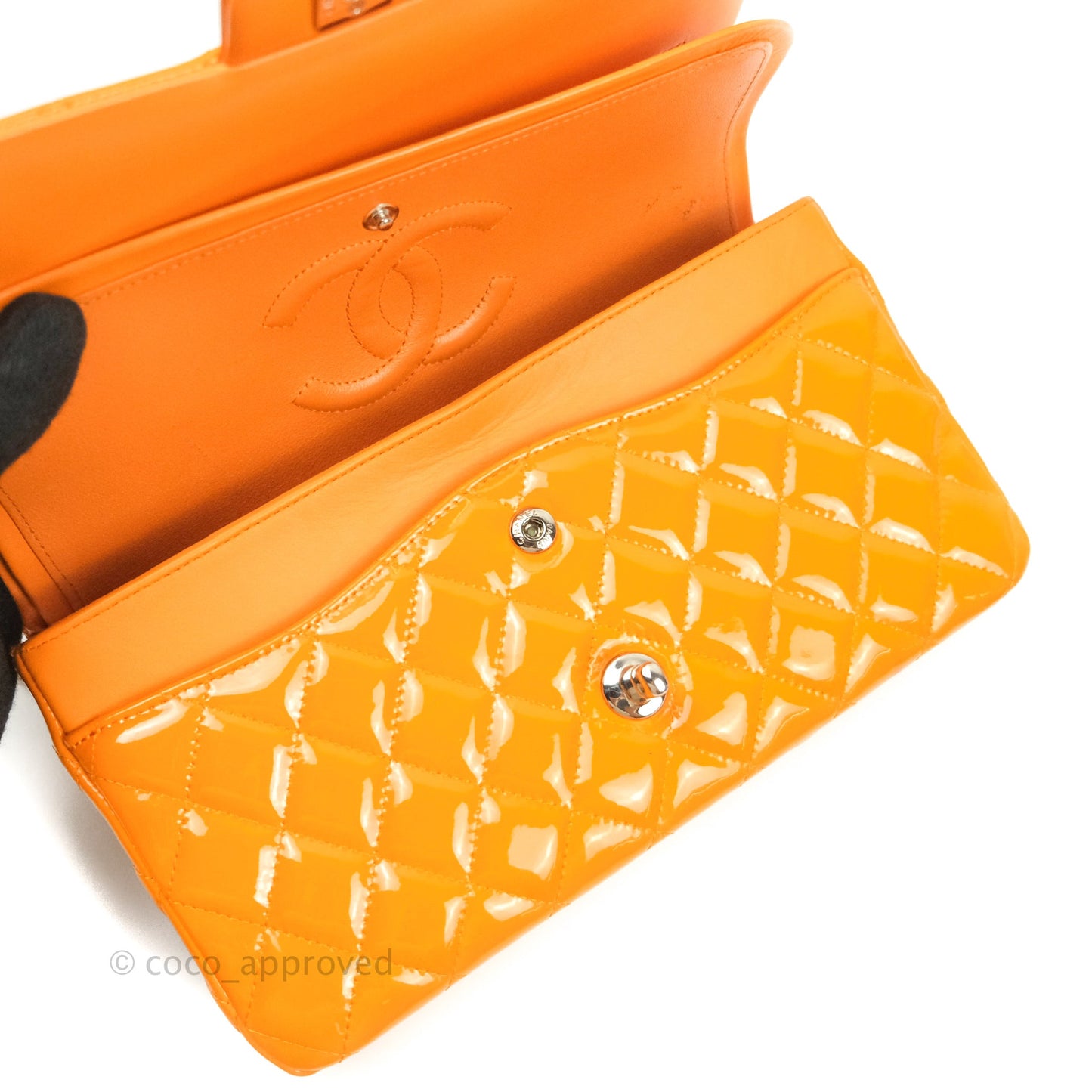 Chanel Classic M/L Medium Double Flap Orange Patent Silver Hardware
