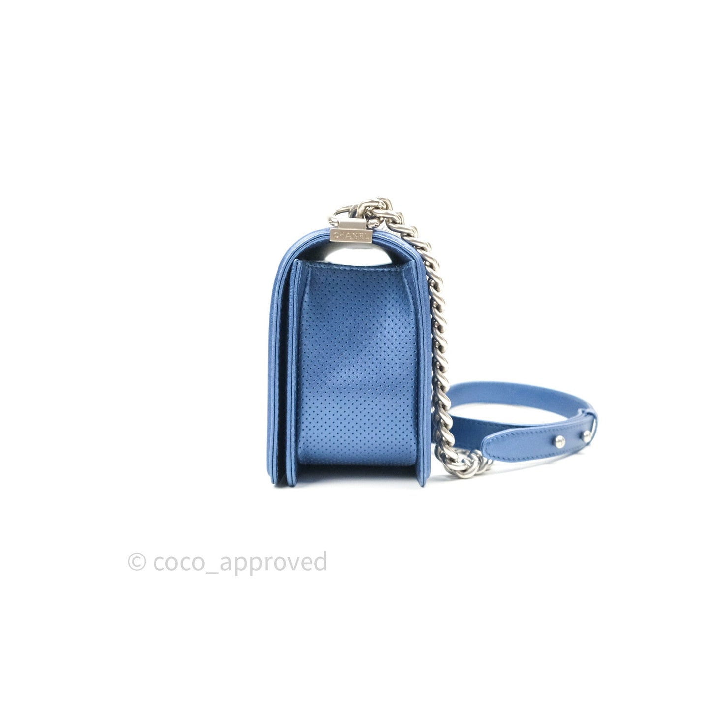 Chanel Boy Medium Blue Metallic Calfskin Perforated Silver Hardware