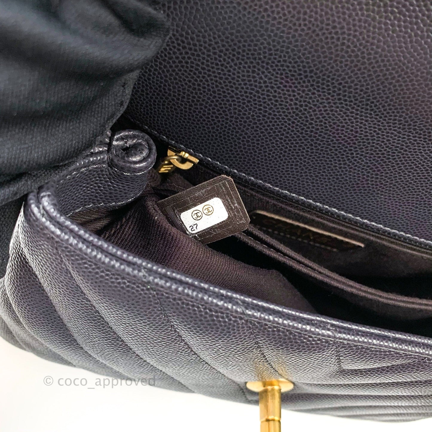 Chanel Quilted Mini Coco Handle Chevron Dark Grey Caviar Gold Hardware