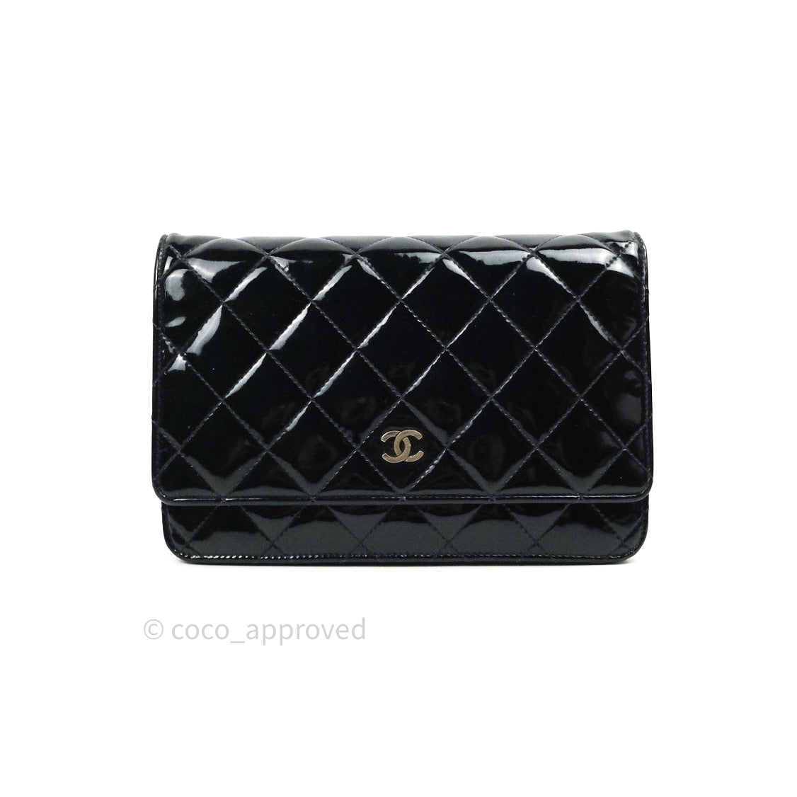 Chanel Quilted Wallet on Chain WOC Black Patent Leather Silver Hardware