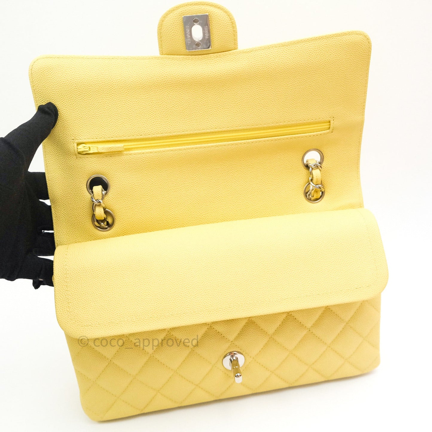 Chanel Classic M/L Medium Double Flap Bag Light Yellow Caviar Silver Hardware