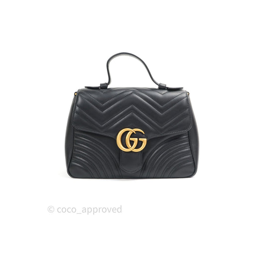 Gucci Calfskin Matelasse Small GG Marmont Top Handle Bag Black