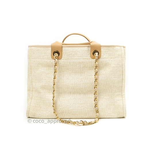 Chanel Canvas Large Deauville Tote Ivory Beige Nude Handles