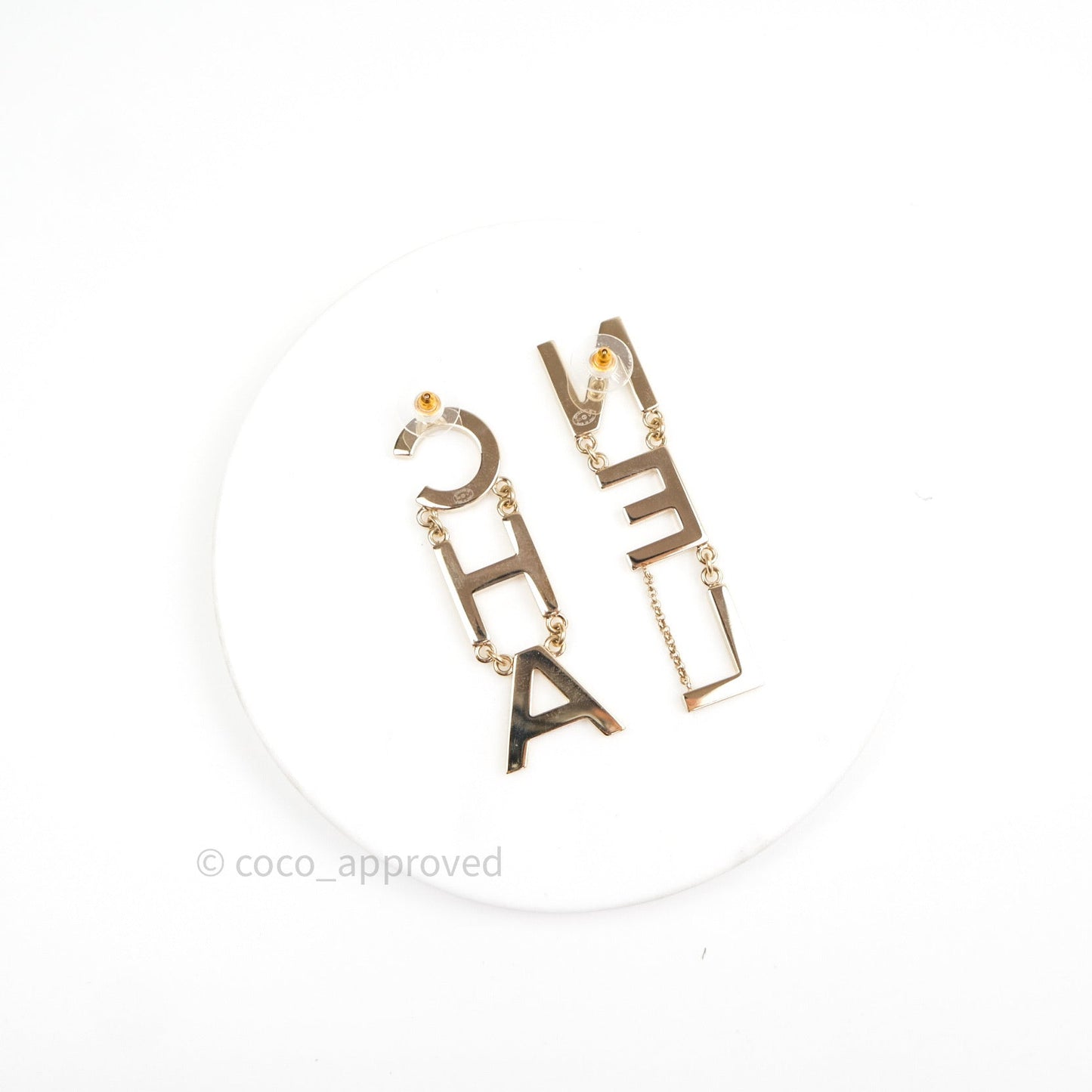 Chanel Letter Cha-Nel Logo Drop Earrings Gold
