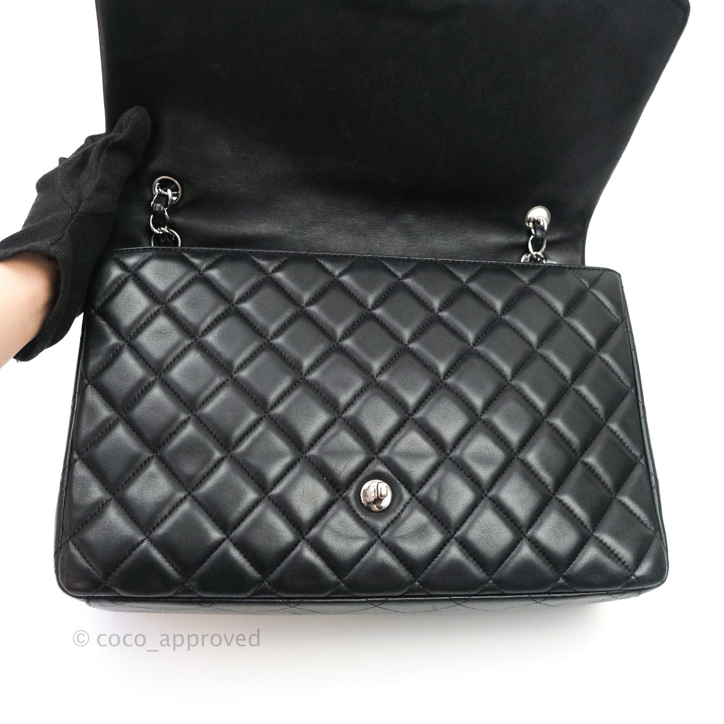 Chanel Quilted Maxi Single Flap Black Lambskin Silver Hardware