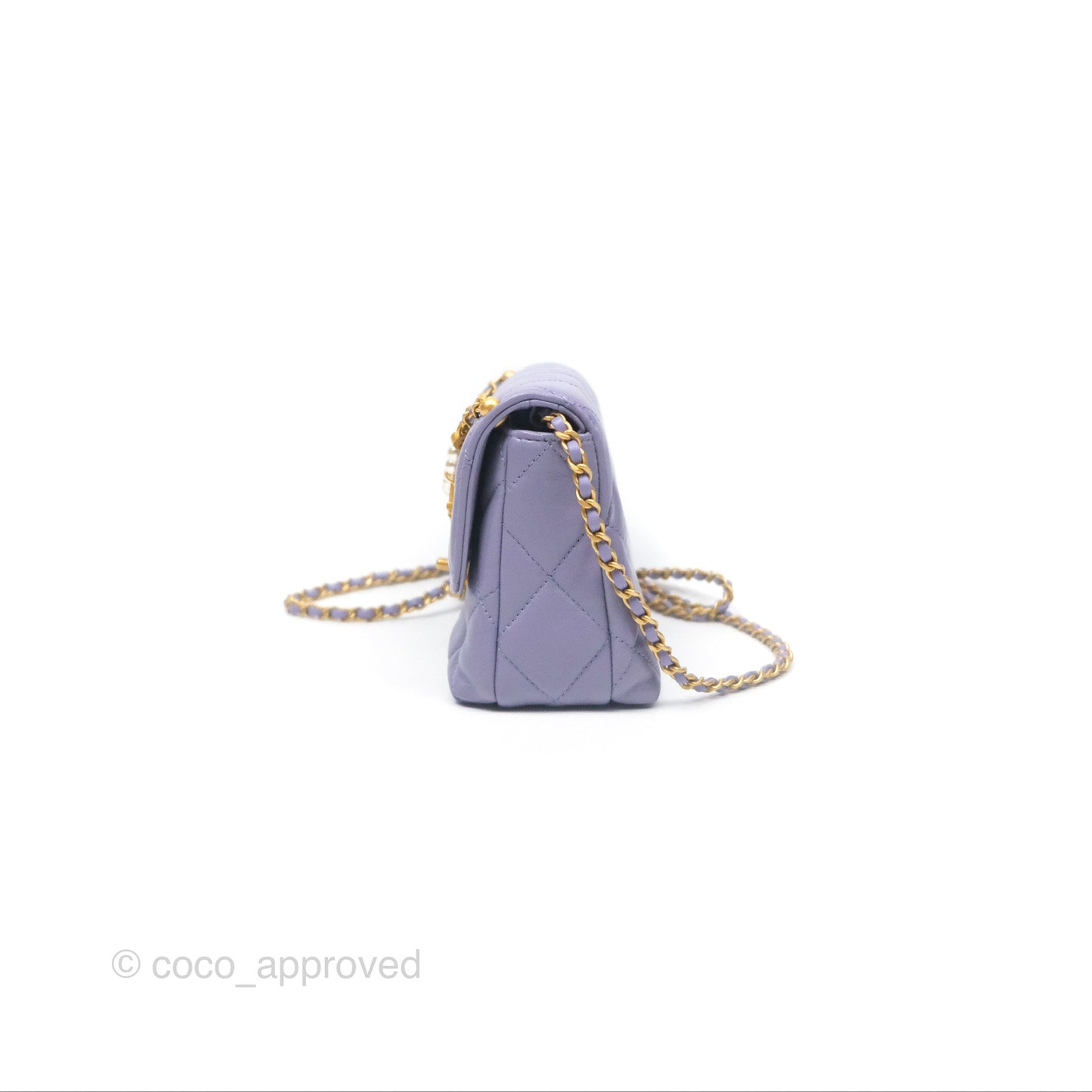 Chanel Crystal Pearl Chain Mini Flap Bag Purple Lambskin Aged Gold Hardware