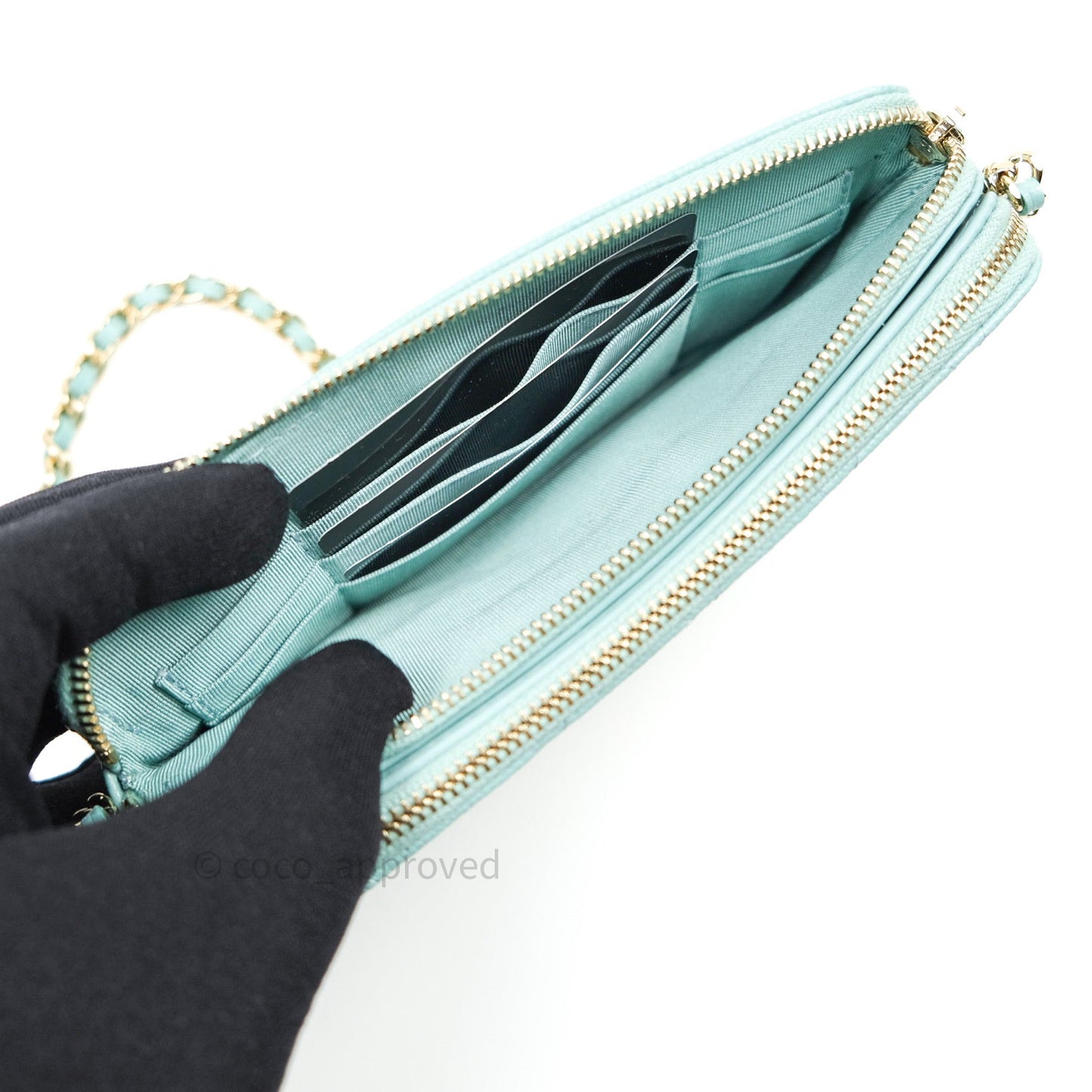 Chanel Tiffany Blue Caviar Clutch on Chain Gold Hardware 20C