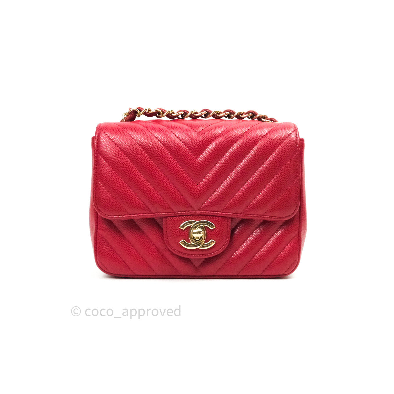 Chanel Mini Square Red Chevron Caviar Gold Hardware