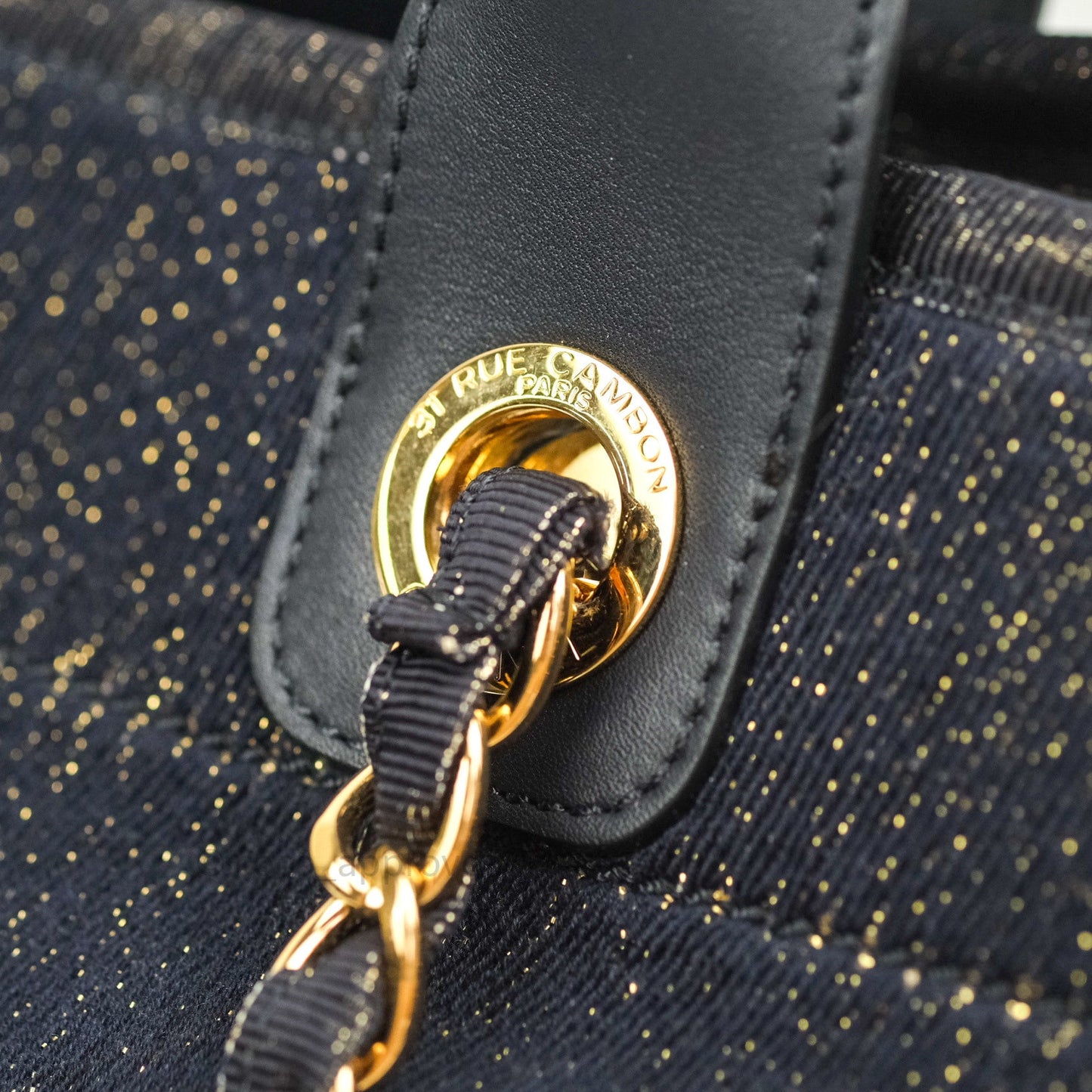 Chanel Canvas Large Deauville Tote Navy Glittery Gold Logo 19B