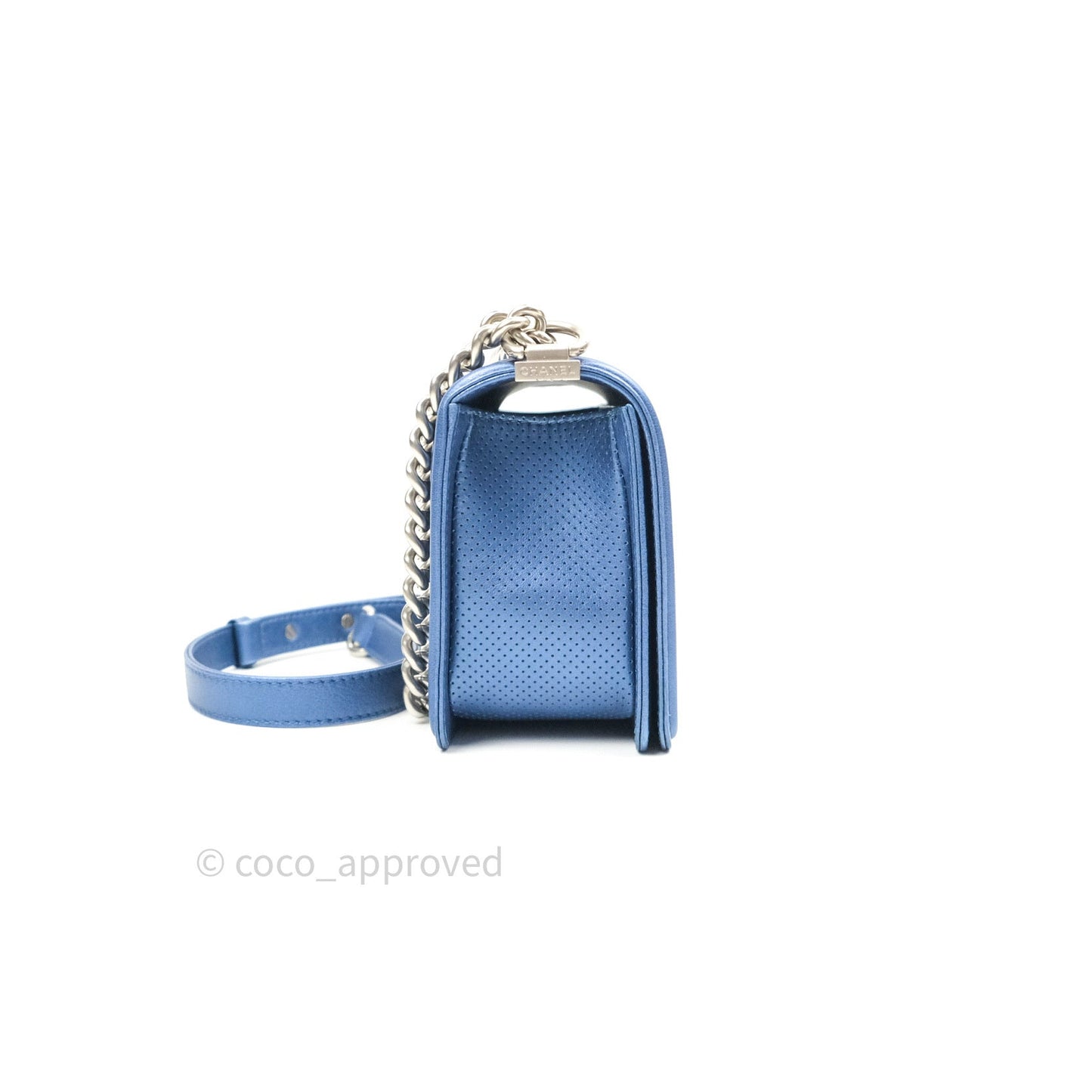 Chanel Boy Medium Blue Metallic Calfskin Perforated Silver Hardware