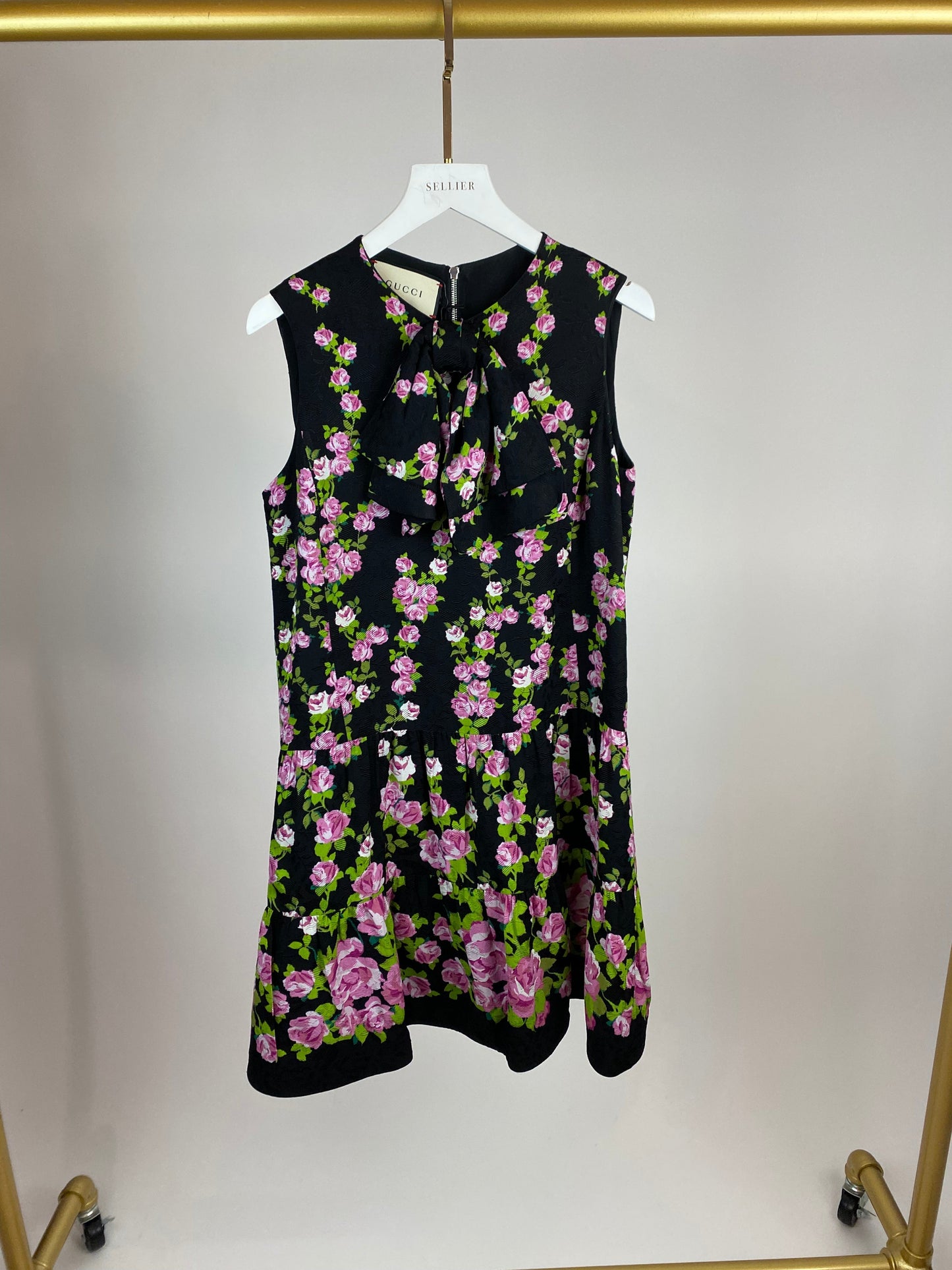 Luxury Gucci Black and Print Rose Printed Bow Dress Size IT 38 (UK 6)