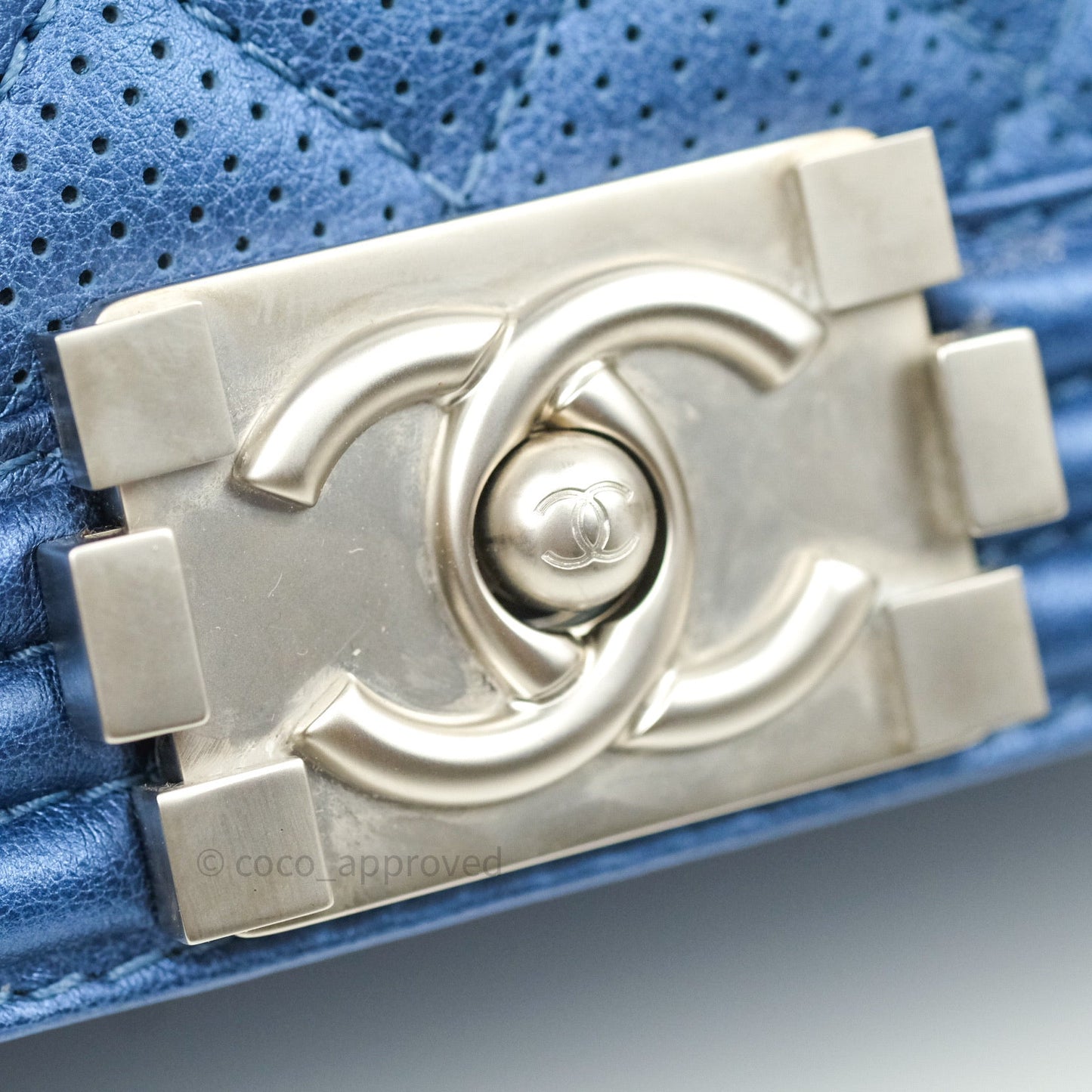 Chanel Boy Medium Blue Metallic Calfskin Perforated Silver Hardware