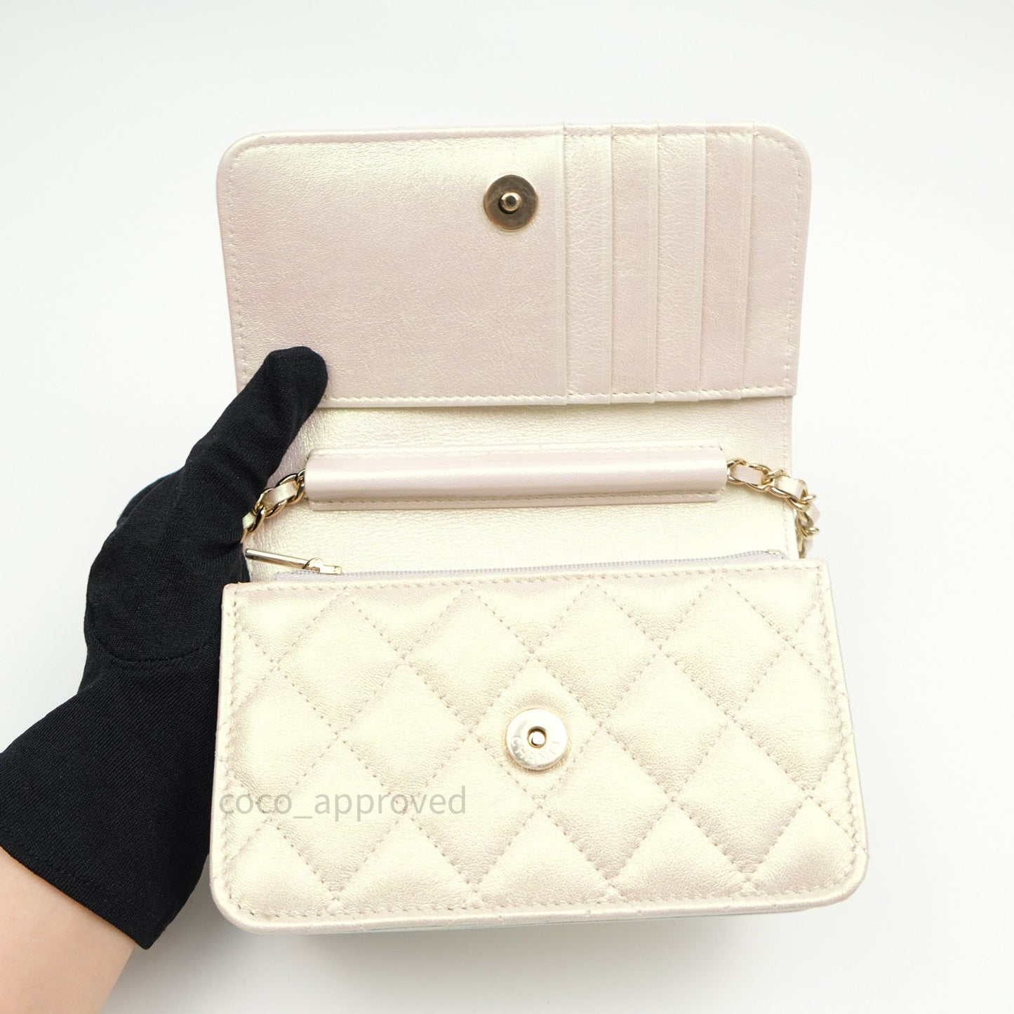 Chanel Quilted Mini Wallet on Chain WOC Iridescent Ivory Gold Hardware 20A