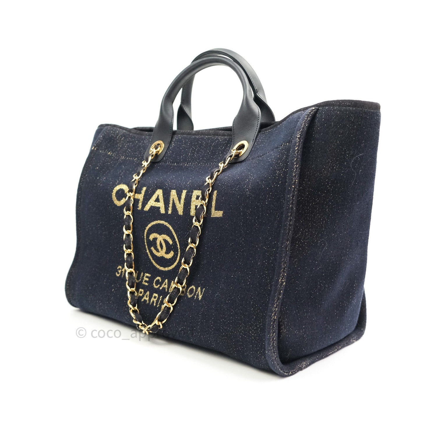 Chanel Canvas Large Deauville Tote Navy Glittery Gold Logo 19B