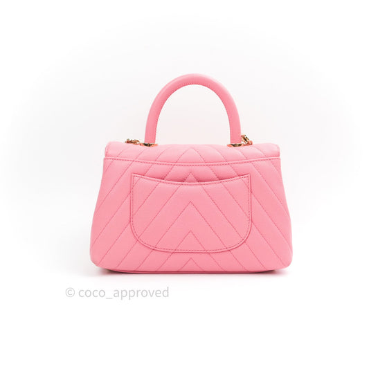 Chanel Mini Coco Handle Chevron Pink Caviar Quilted Gold Hardware