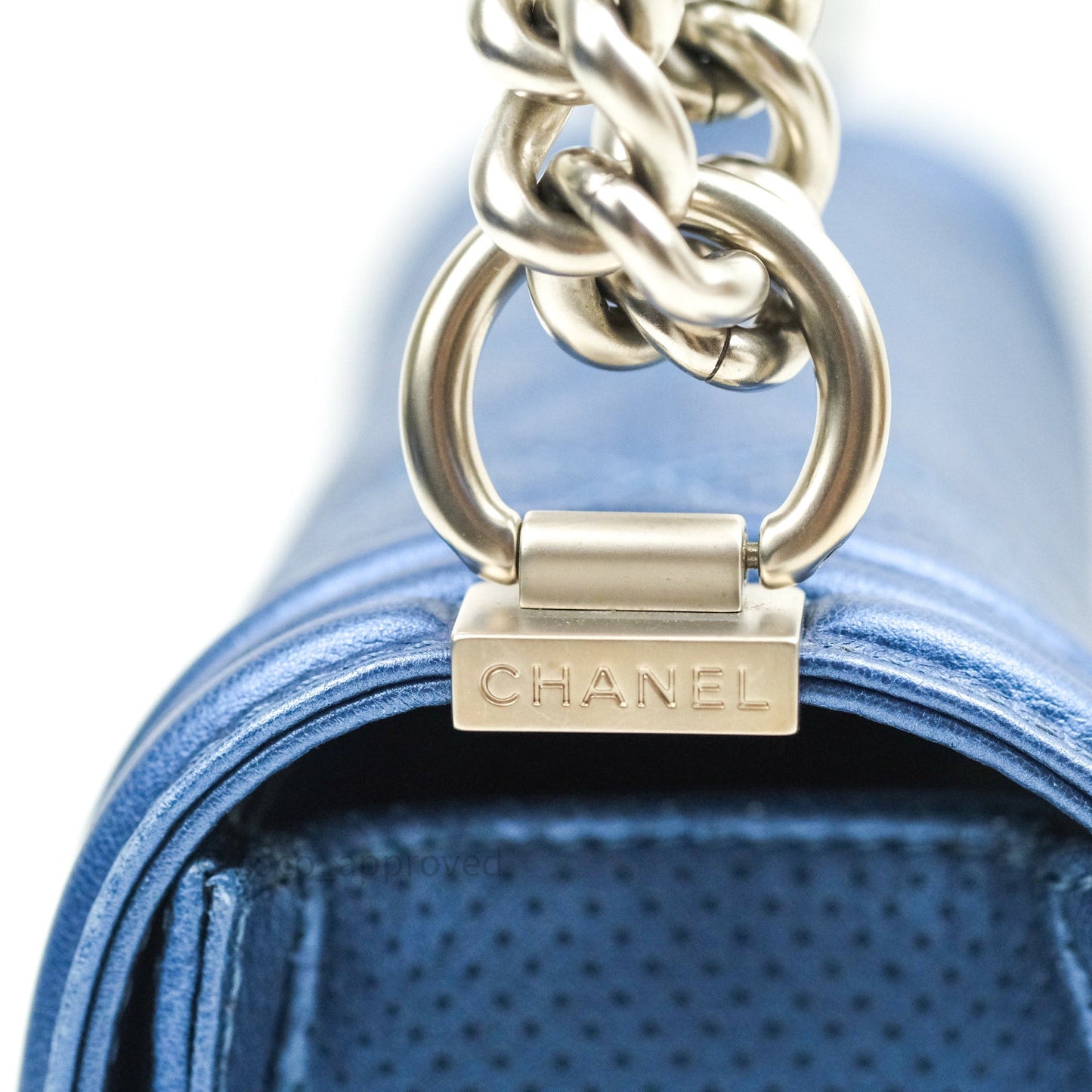 Chanel Boy Medium Blue Metallic Calfskin Perforated Silver Hardware