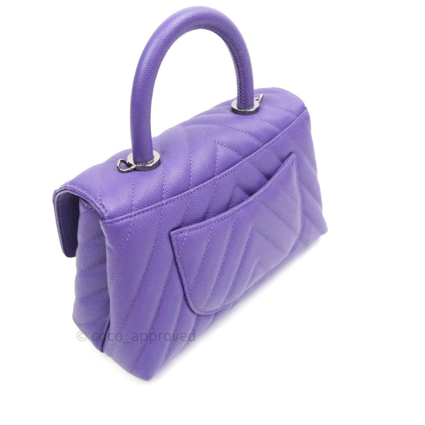 Chanel Mini Coco Handle Chevron Purple Caviar Quilted Dark Silver Hardware