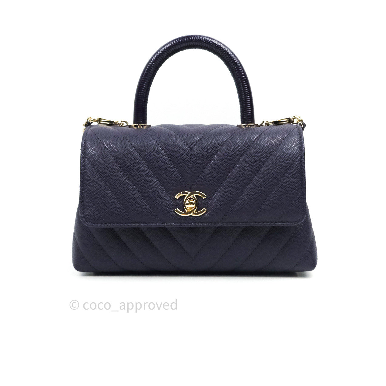 Chanel Mini Coco Handle Chevron Purple Caviar Quilted Gold Hardware