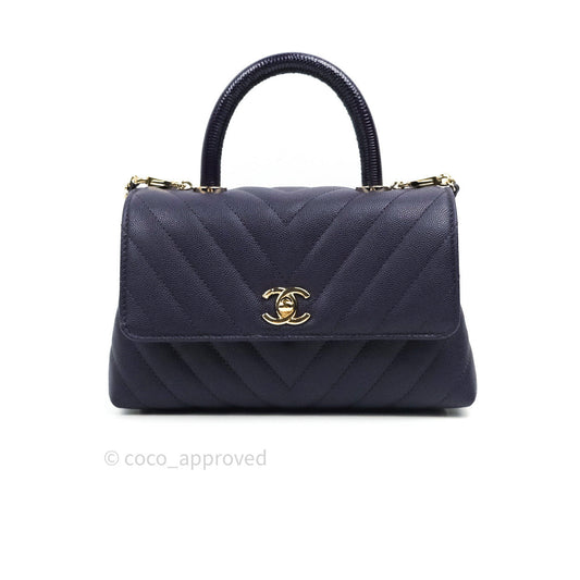 Chanel Mini Coco Handle Chevron Purple Caviar Quilted Gold Hardware