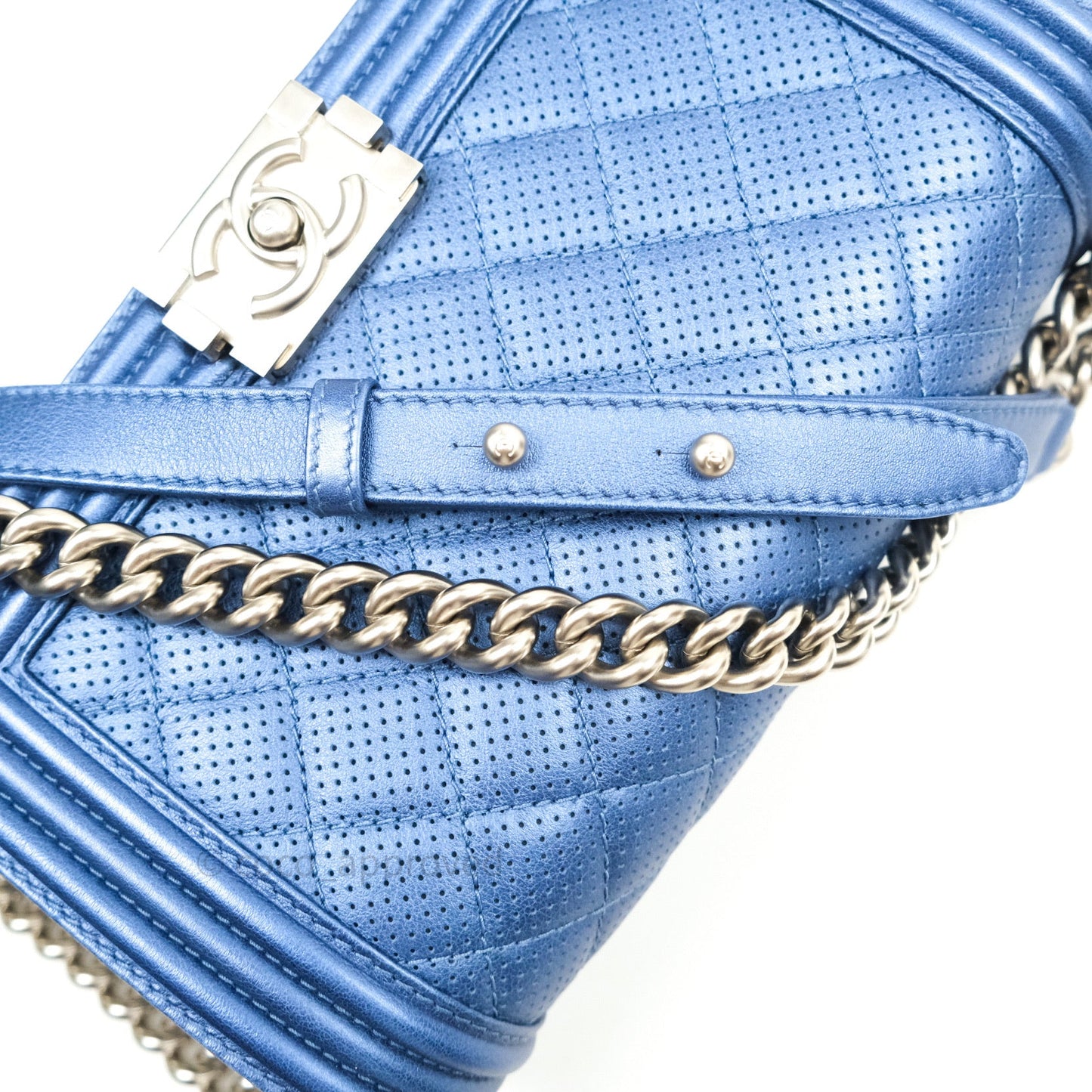 Chanel Boy Medium Blue Metallic Calfskin Perforated Silver Hardware