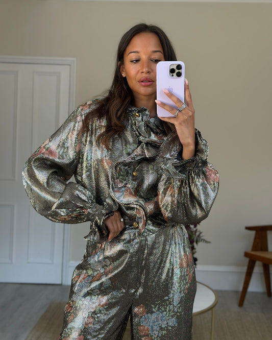 Luxury Gucci Trending 2025 Black Metallic Striped  Blouse and Trouser Set with Floral Detail Size UK 10-14