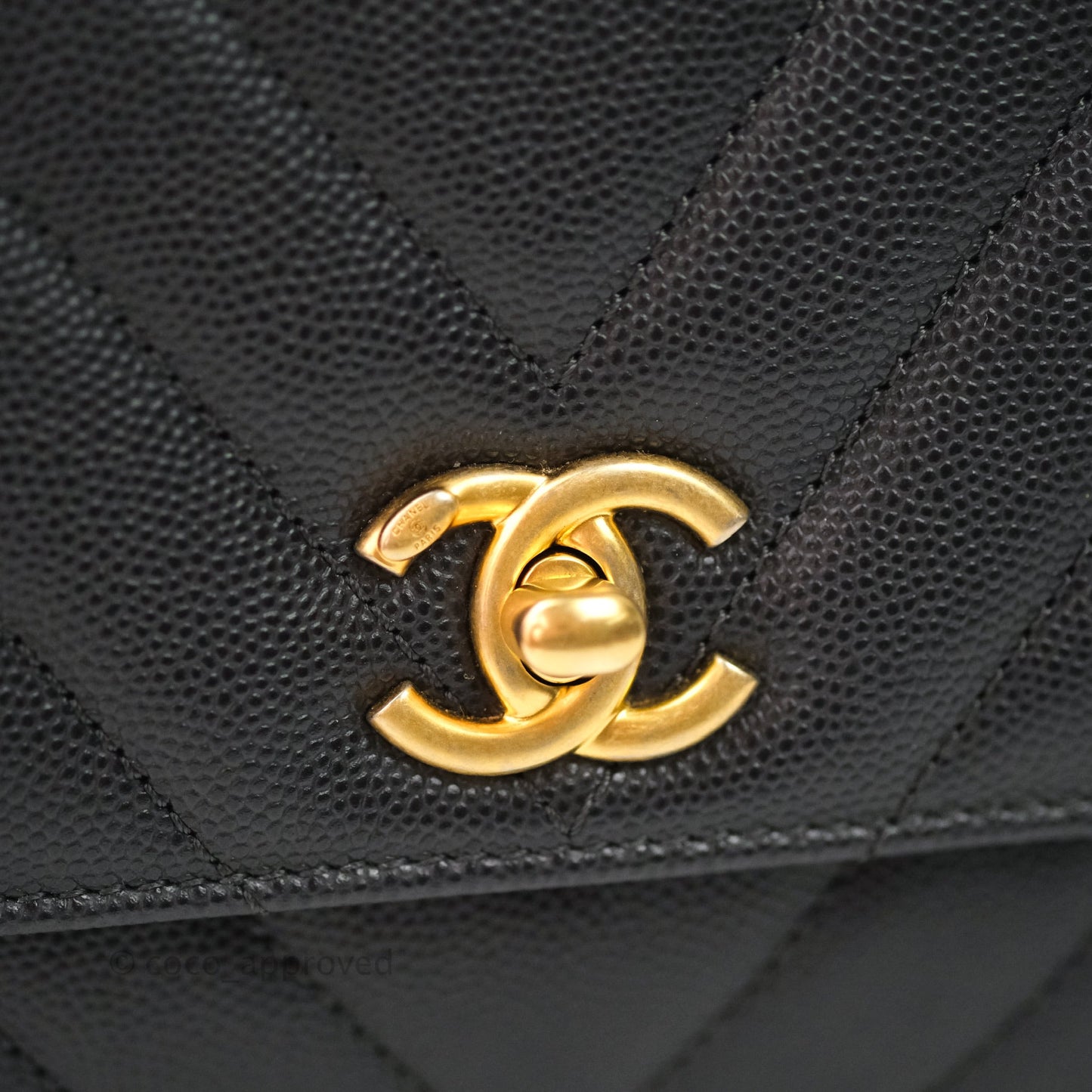 Chanel Quilted Mini Coco Handle Chevron Dark Grey Caviar Gold Hardware