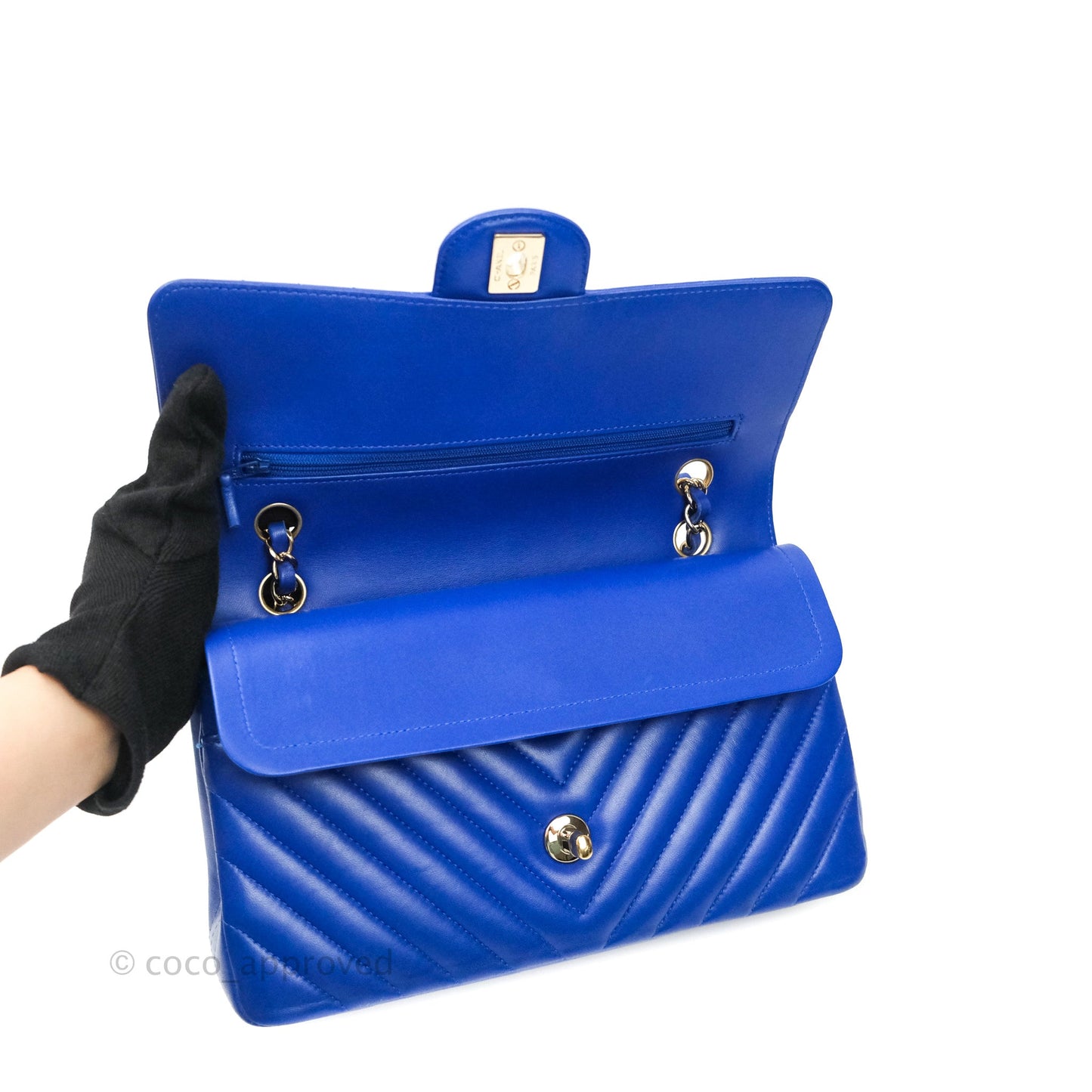 Chanel Classic Chevron M/L Medium Double Flap Blue Lambskin Gold Hardware