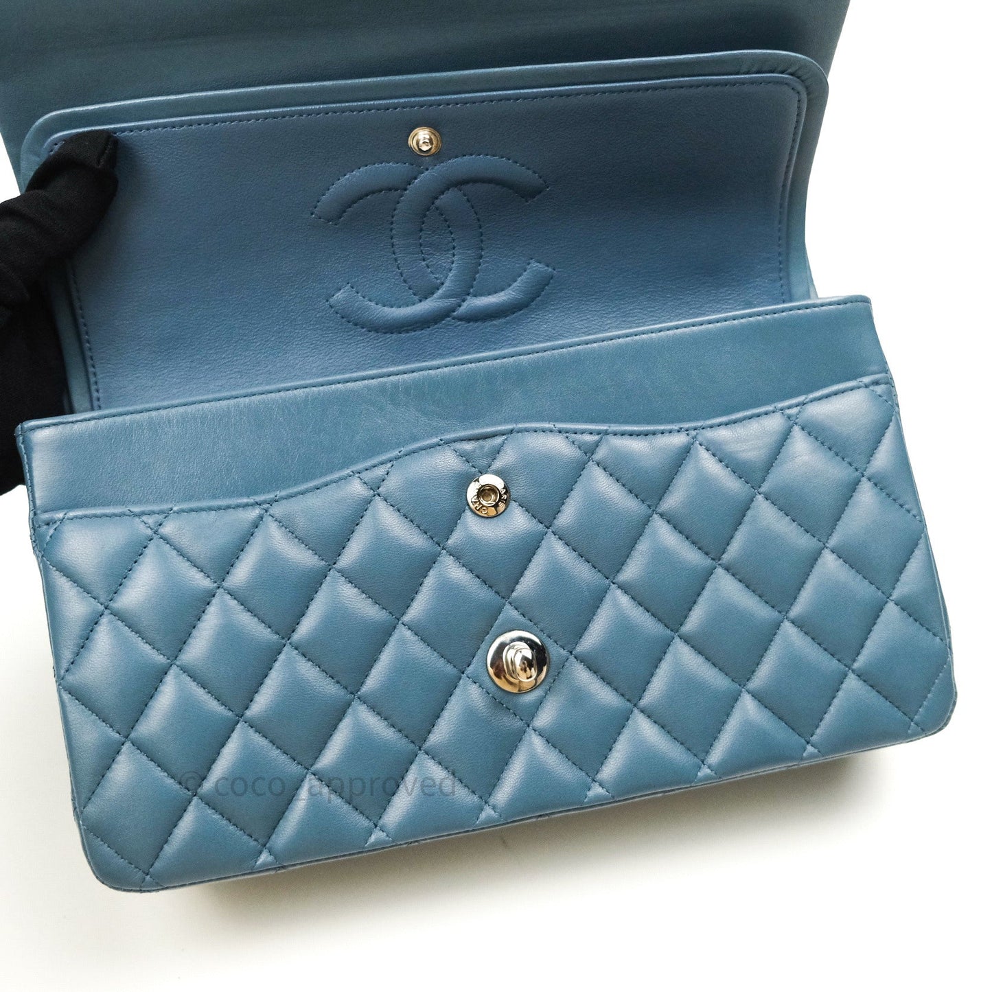 Chanel Classic M/L Lambskin Medium Double Flap Teal Blue Silver Hardware