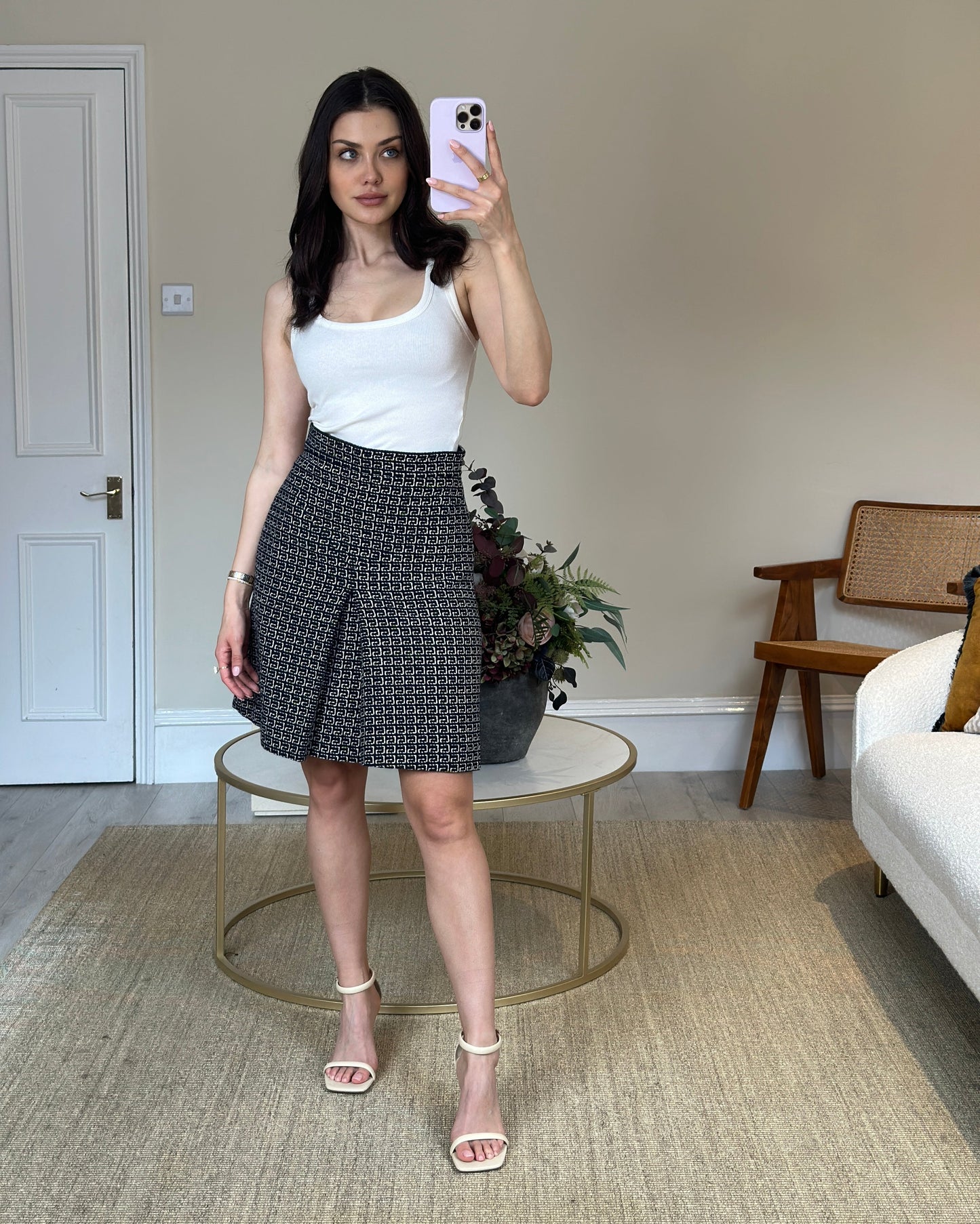 Luxury Gucci Navy and White Logo Printed Wool Skirt Size IT 40 (UK 8)
