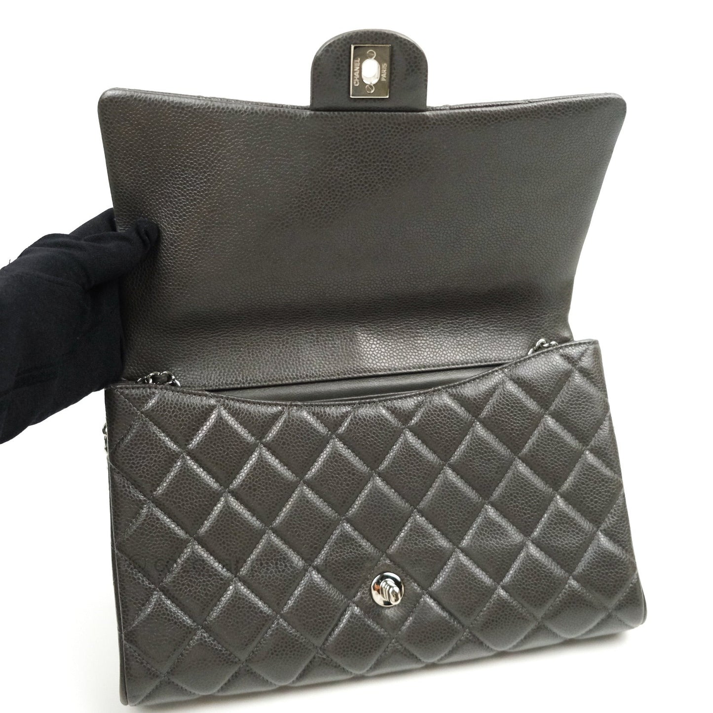 Chanel Quilted Clutch with Chain Dark Grey Caviar Leather Silver Hardware
