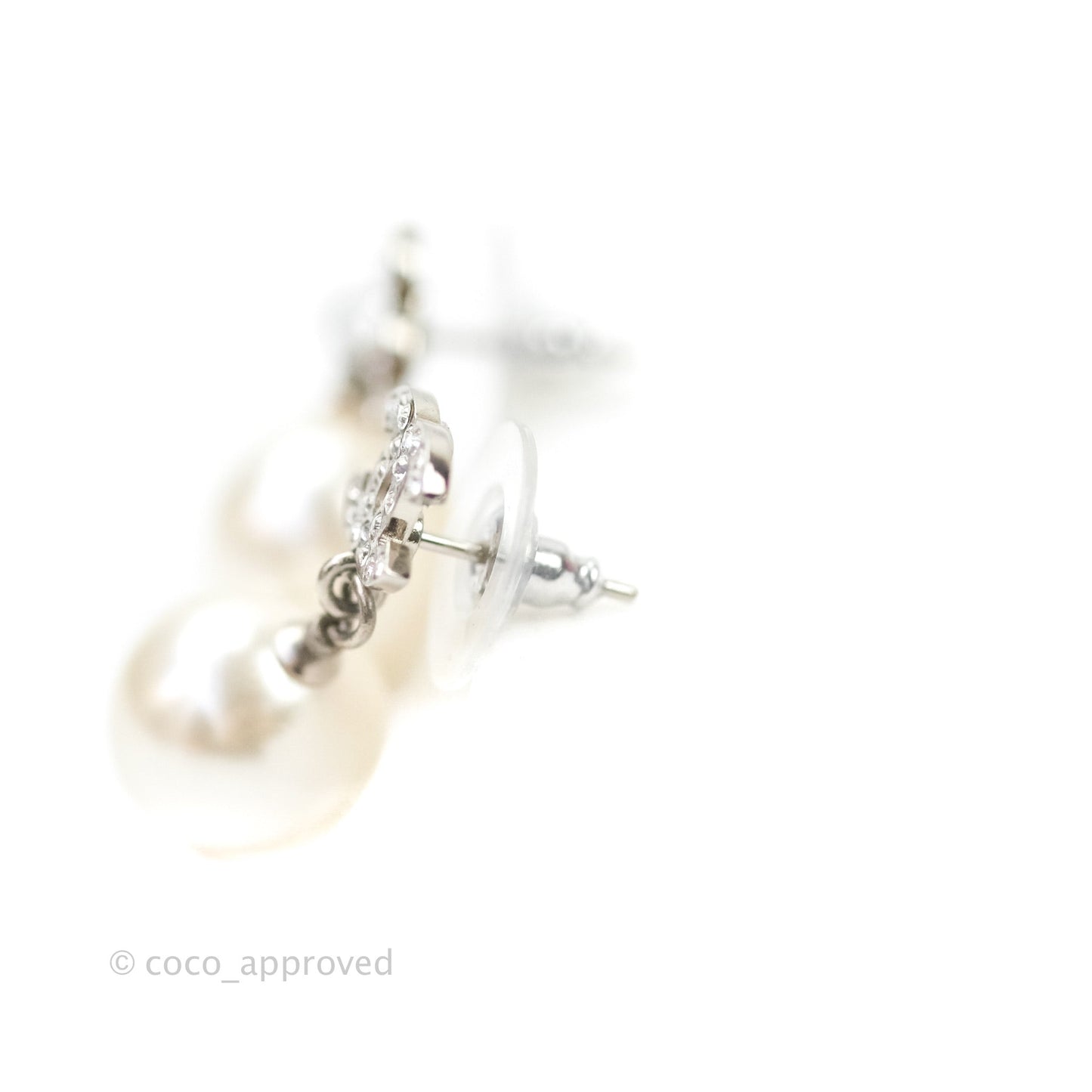 Chanel CC Rhinestone Pearl Drop Earrings Silver Tone
