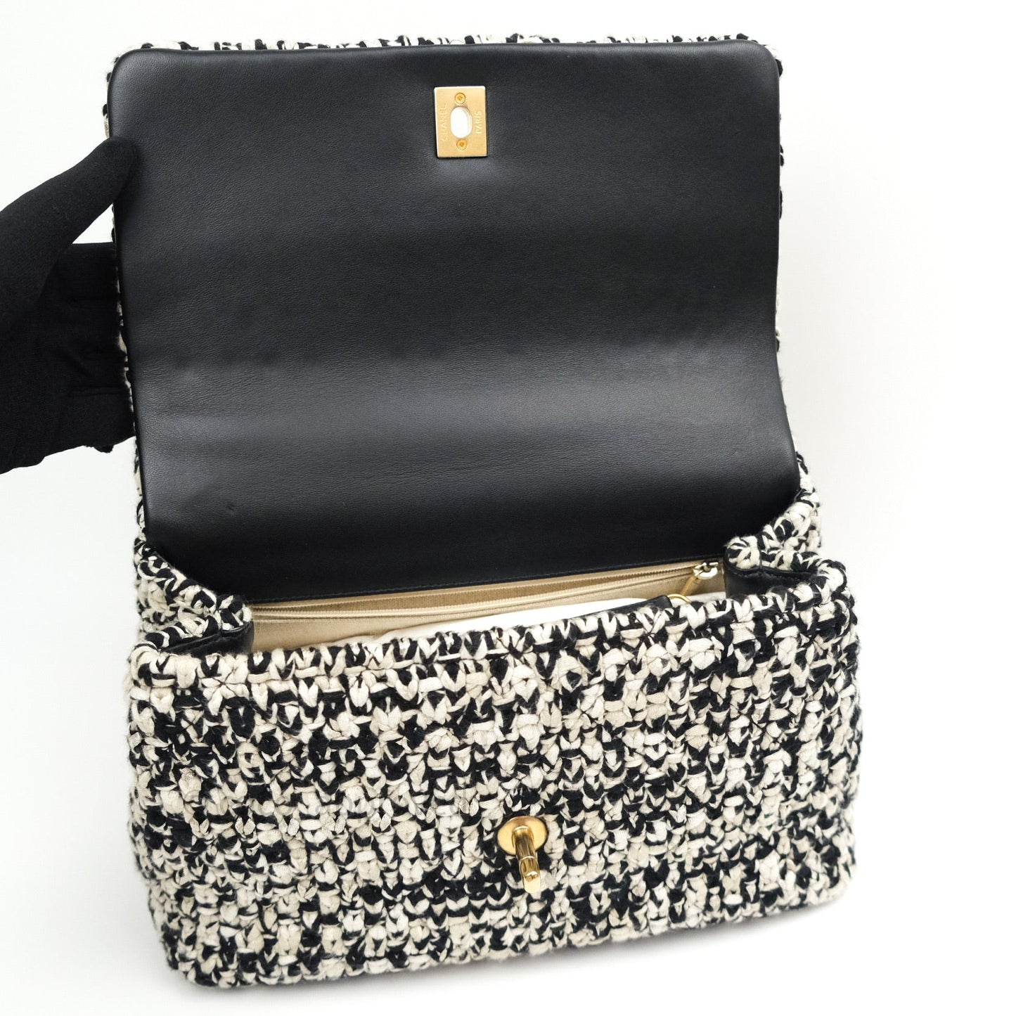 Chanel Flap Bag Tweed Black White Crochet Top Handle