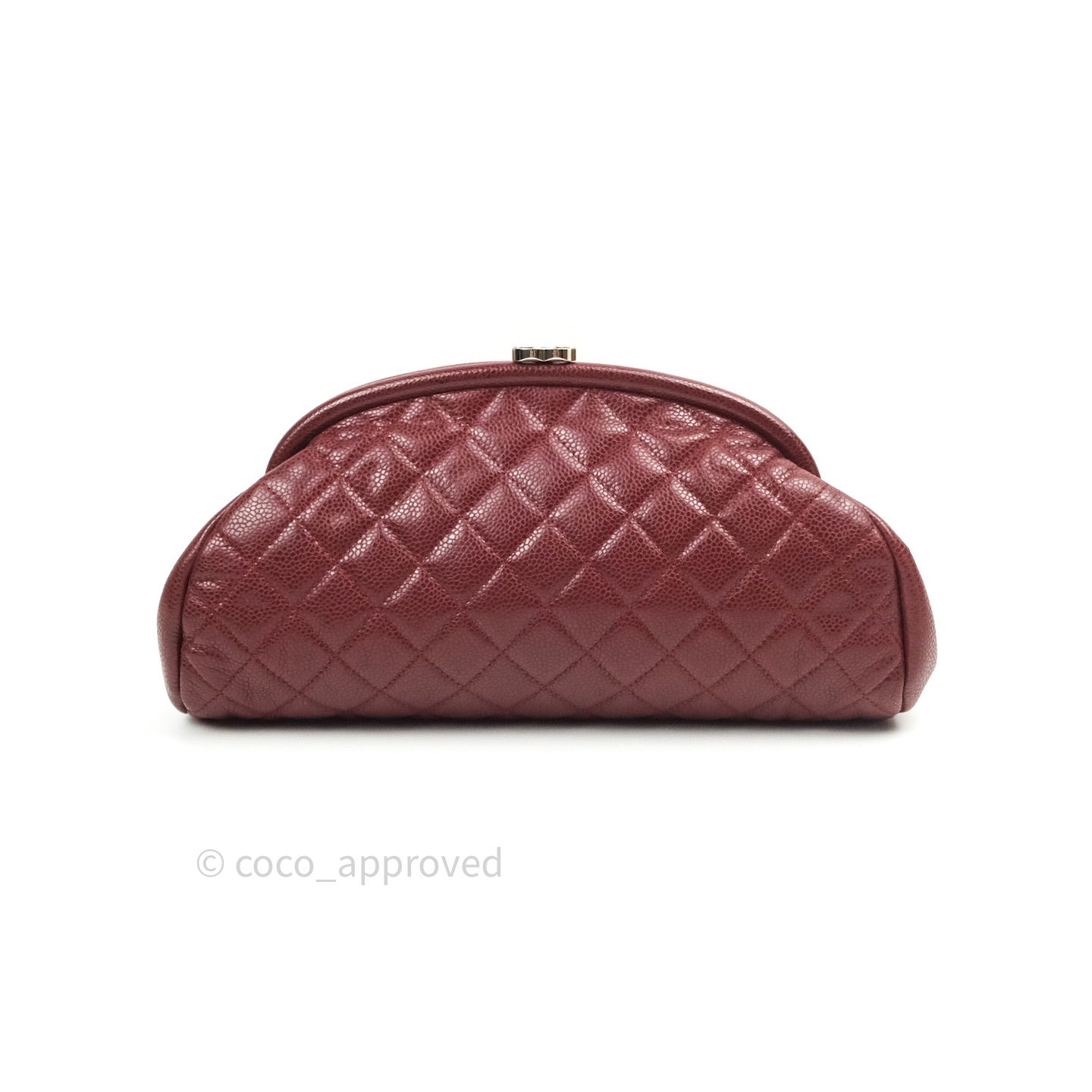 Chanel Quilted Timeless Kisslock Clutch Dark Red Caviar Silver Hardware