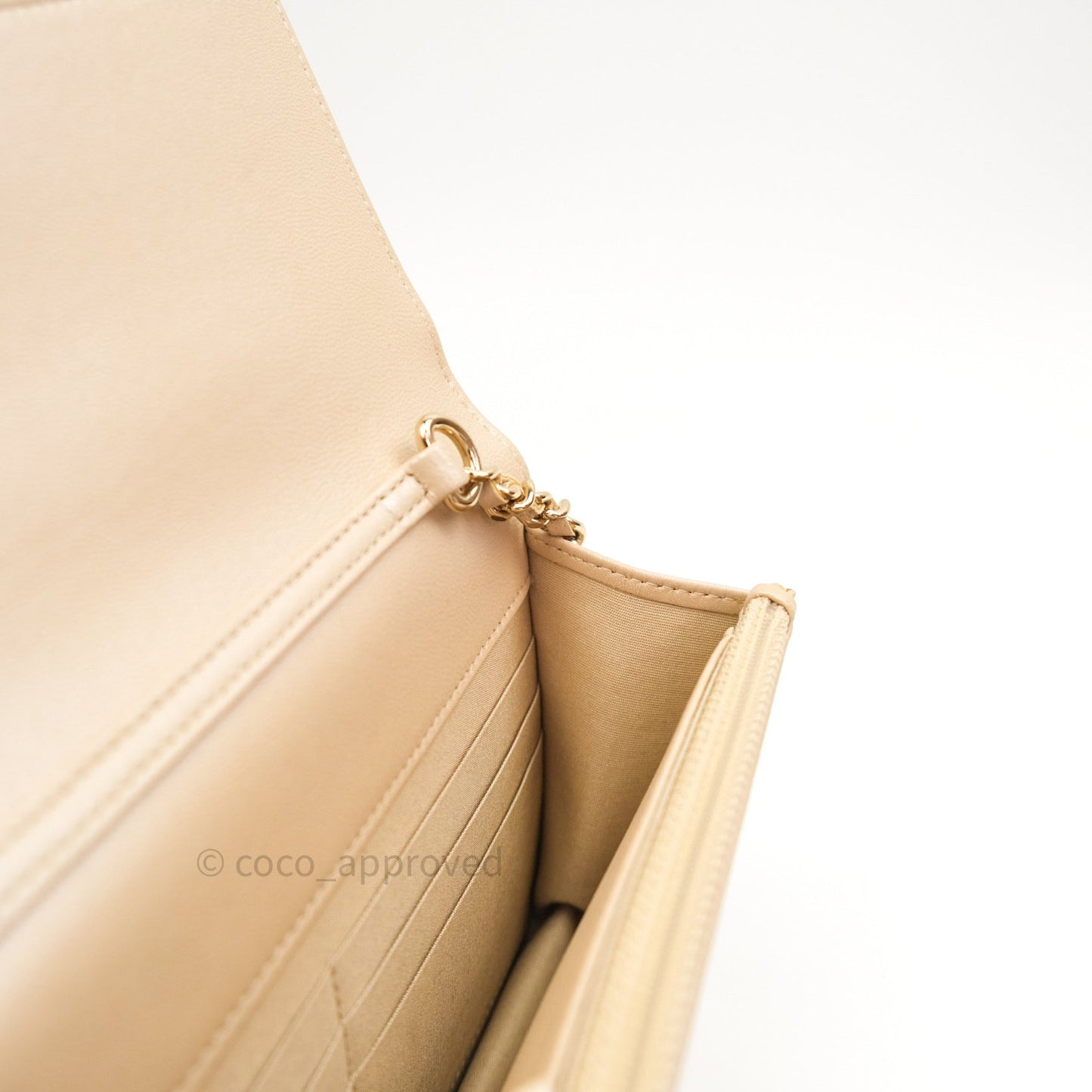 Chanel Quilted Beige Iridescent Lambskin Pearl Wallet On Chain WOC