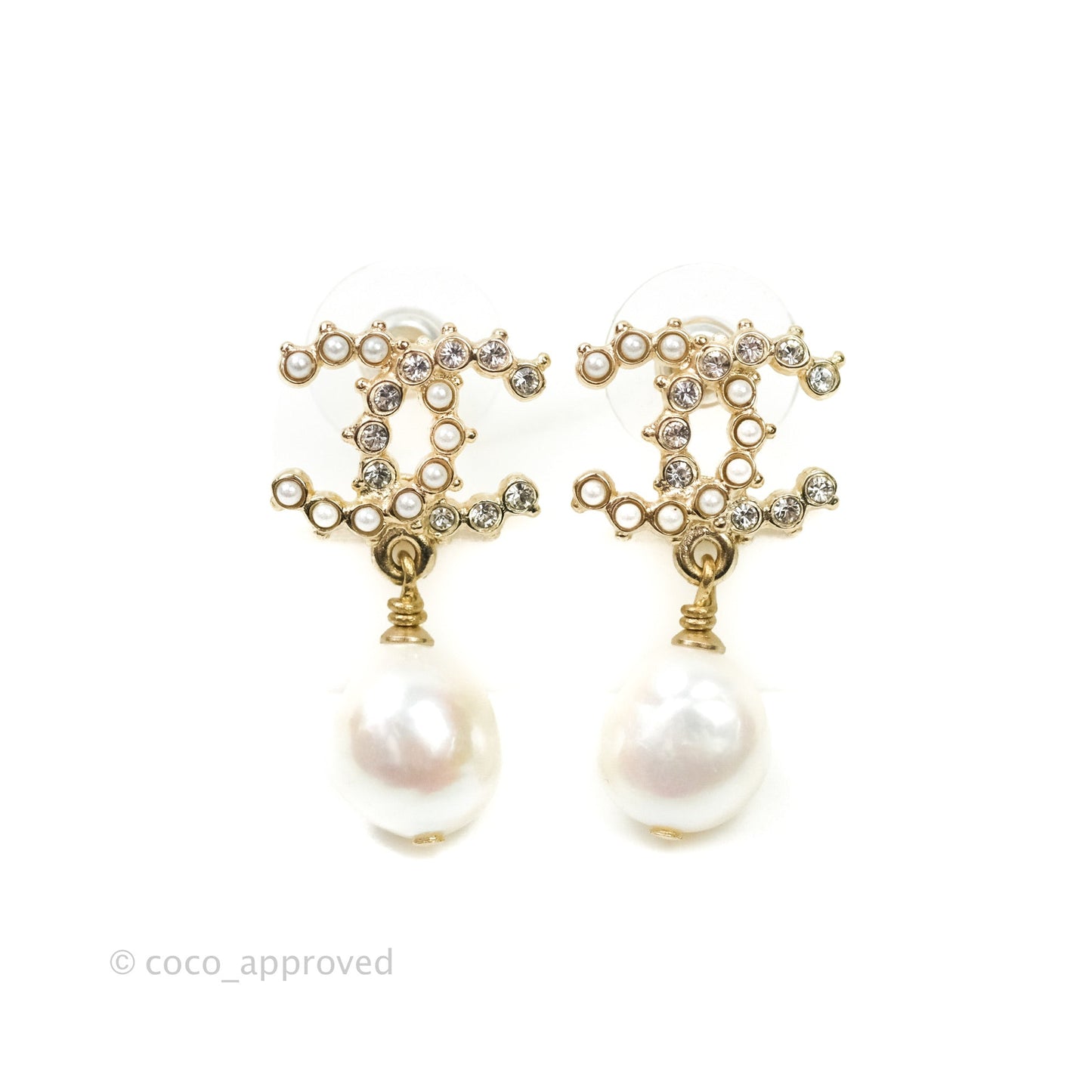 Chanel CC Pearl Drop Earrings Crystal Gold Tone 20B
