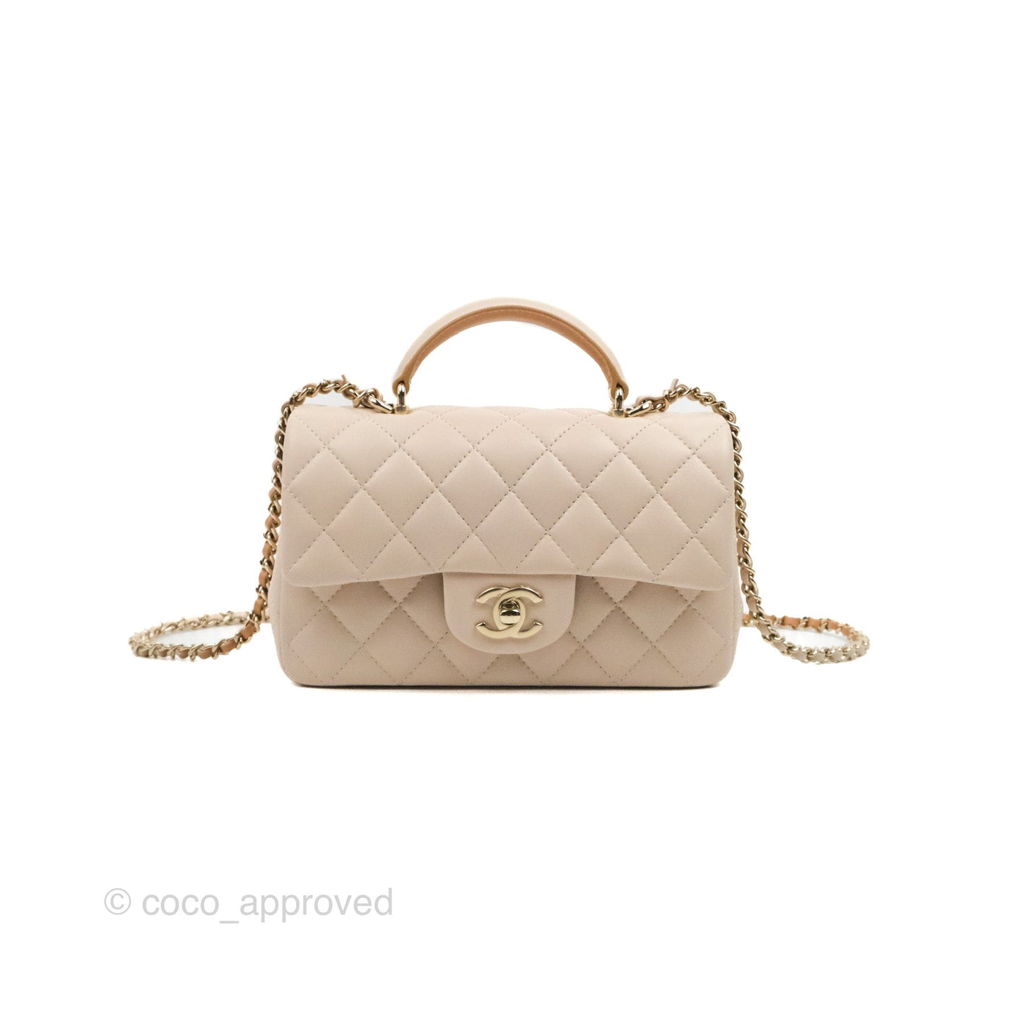 Chanel Top Handle Mini Rectangular Flap Bag Ecru/Beige Lambskin Gold Hardware 23P