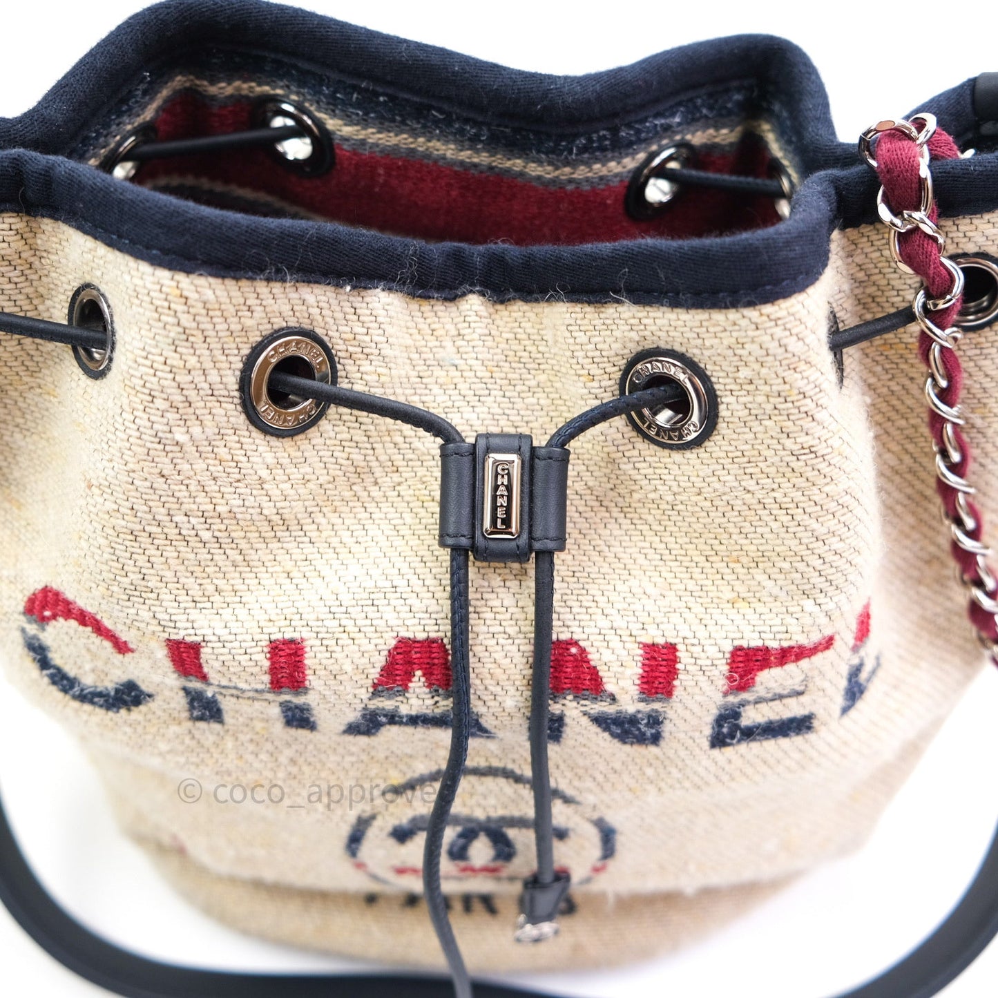 Chanel Canvas Deauville Drawstring Bag Beige Red