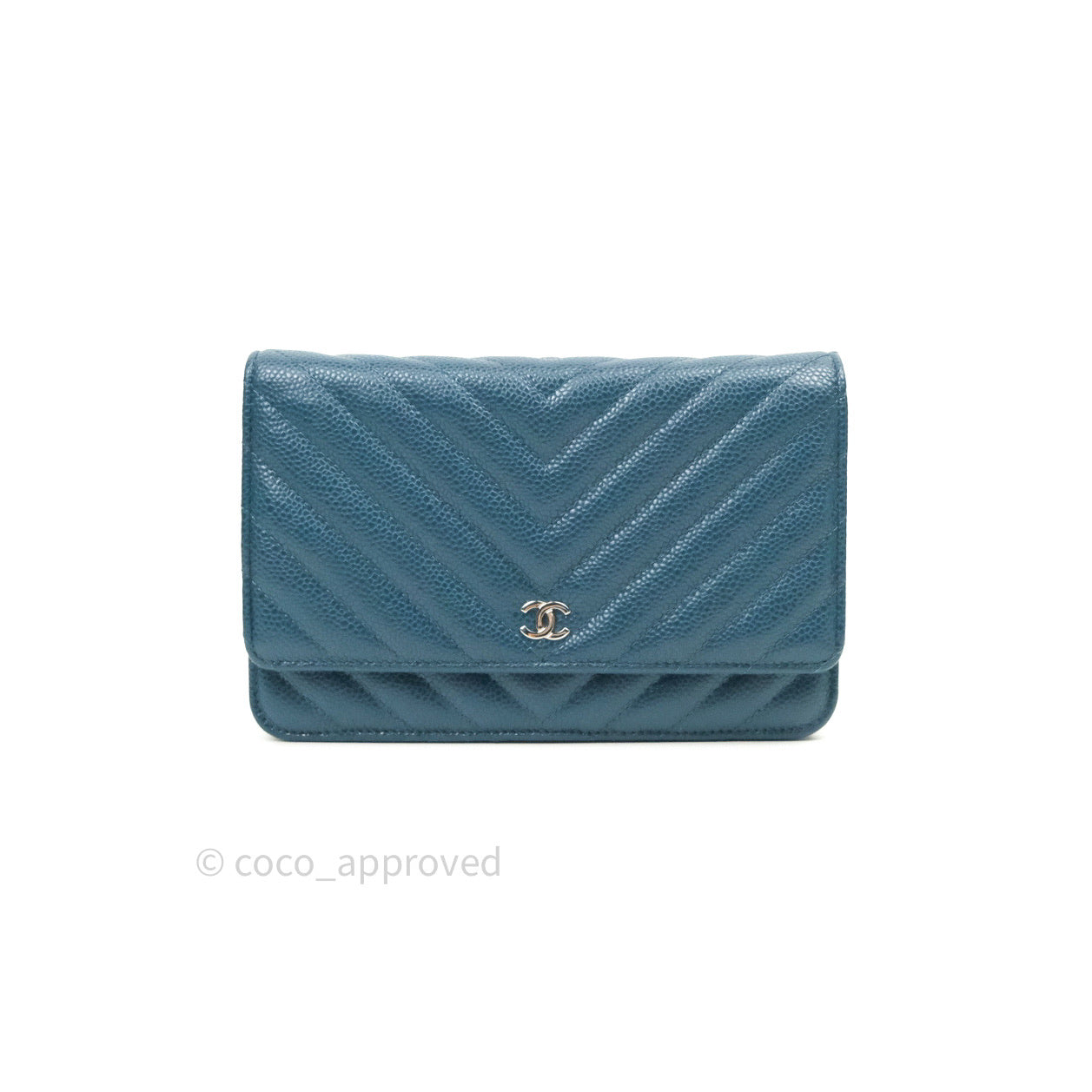 Chanel Chevron Wallet on Chain WOC Blue Caviar Silver Hardware
